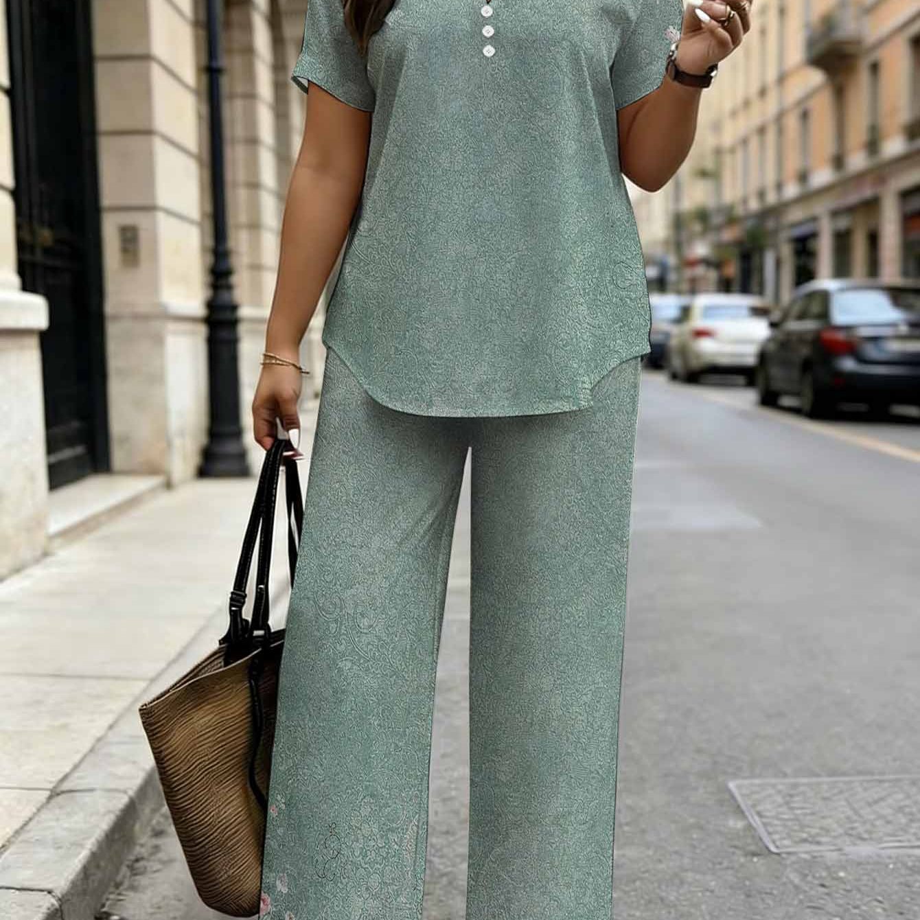Image of Plus Size - Plus Size - Plus Size Women's Fashion 2 Piece Set. Vintage Floral Pattern. Elegant Pastel Green Background With Pink And White Trim Design. Suitable For Spring Summer Autumn Wear