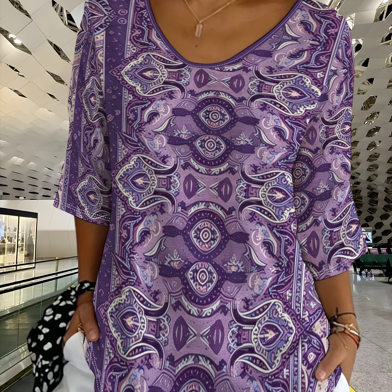 TEMU Plus Size - Bohemian Style Plus Size Top, Women's Fashion T-shirt, Rich Patterns (intricate Floral), , Mixed Colors, Fashion Casual Wear, Summer
