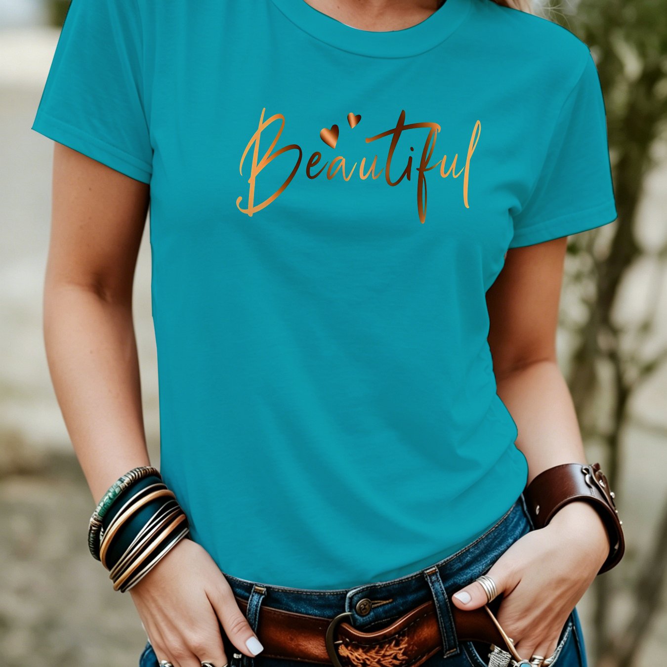 TEMU Women's Summer Fashion Round Neck Short Sleeve T-shirt, Exquisite Letter Heart Pattern Outdoor Summer Versatile Style