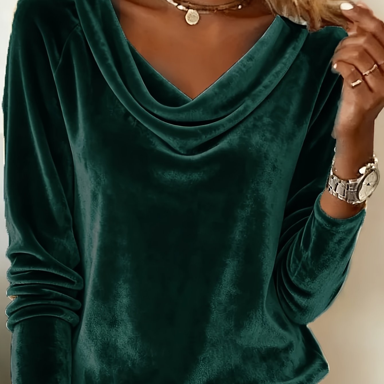 Image of 2026 New Women'-color Swing Collar Long Sleeve Velvet T-shirt Sexy Elegant Easy Layering Design Comfortable Workplace Top (please Refer To Size Chart)