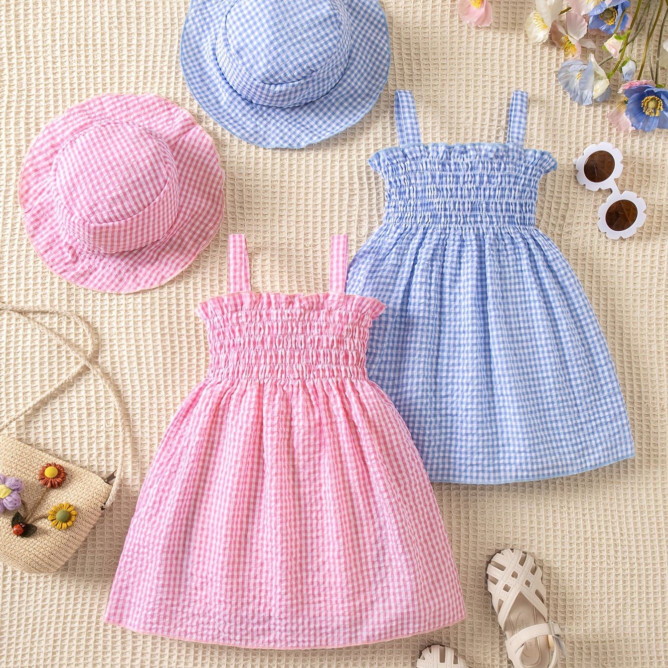 Image of Multi-piece Set 4pcs Combination Set Baby Girl Toddler Suspender Dress + Cute Hat, 0-3 Year Old Girl Summer Outdoor Casual
