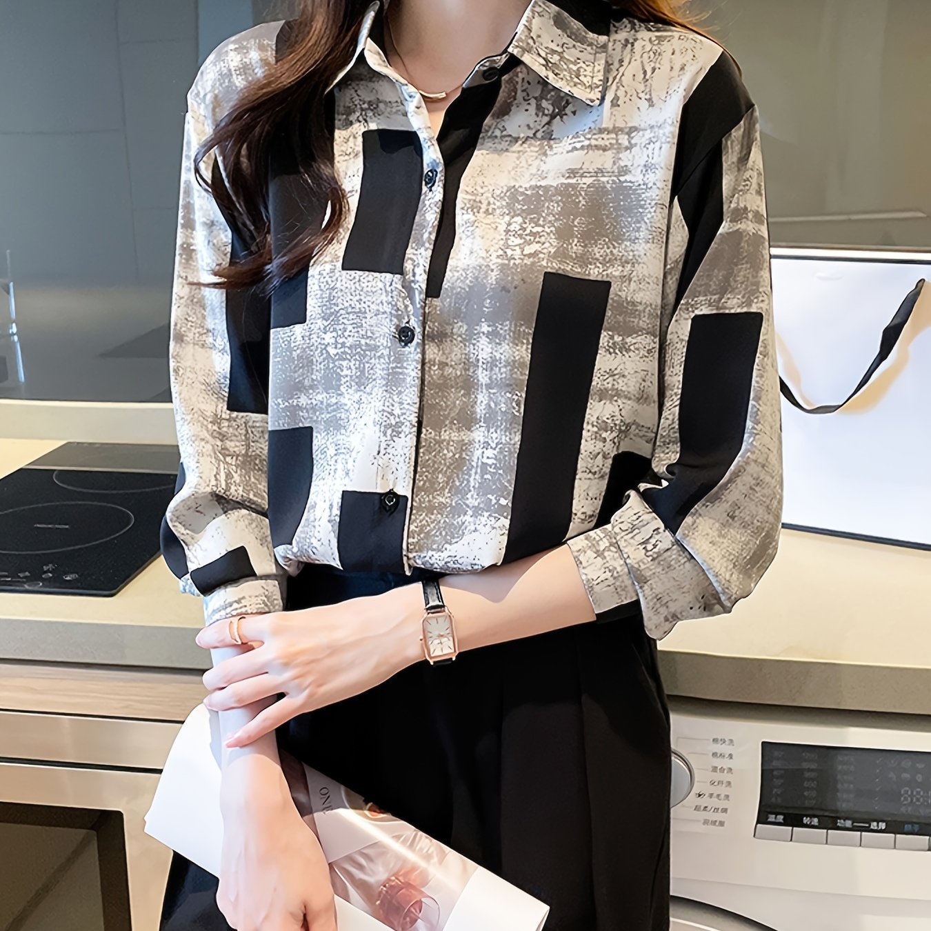 TEMU Color Block Button-up Shirt, Elegant Long Cuff Sleeve Collared Shirt For Spring & Fall, Women's Clothing