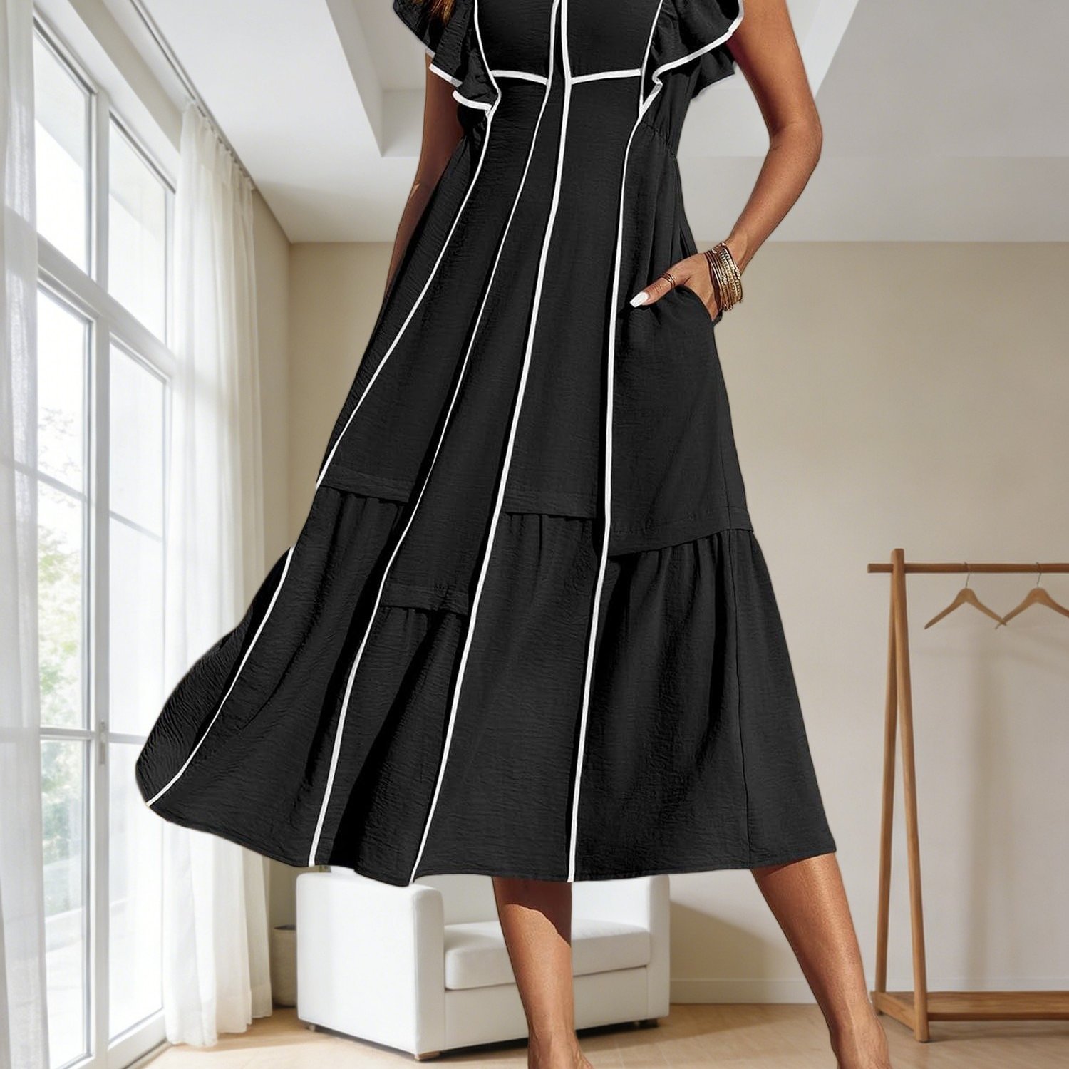 Image of Women's Summer V-neck Midi Dress, Cute Ruffle Short Sleeves & Contrast Color, Loose Flowy Long Dress For Casual Daily Wear