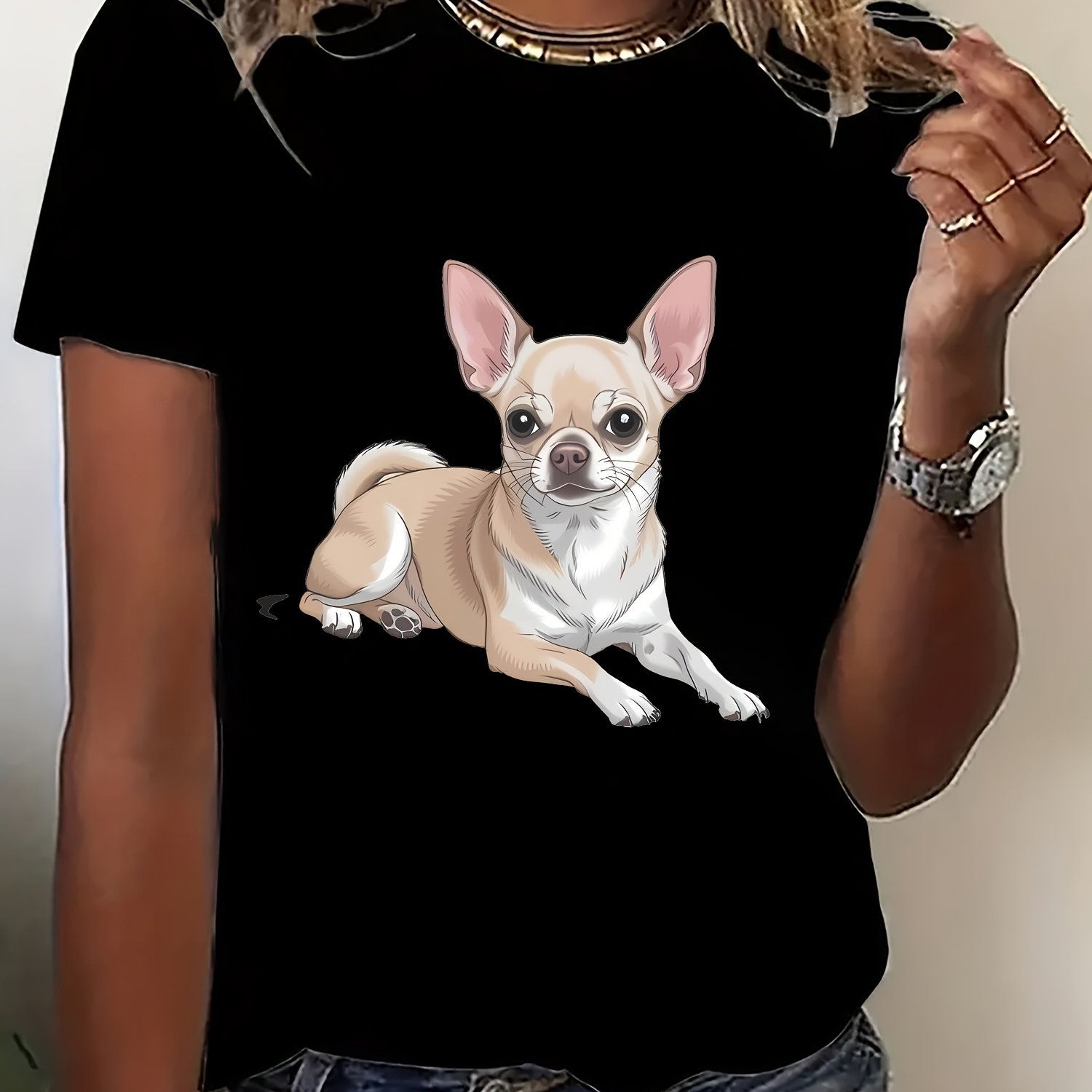 TEMU Women' Chihuahua Print T-shirt - Realistic Chihuahua Dog Short Sleeve Crew Neck Top, Breathable Medium Stretch Blouse-compatible Shirt Suitable