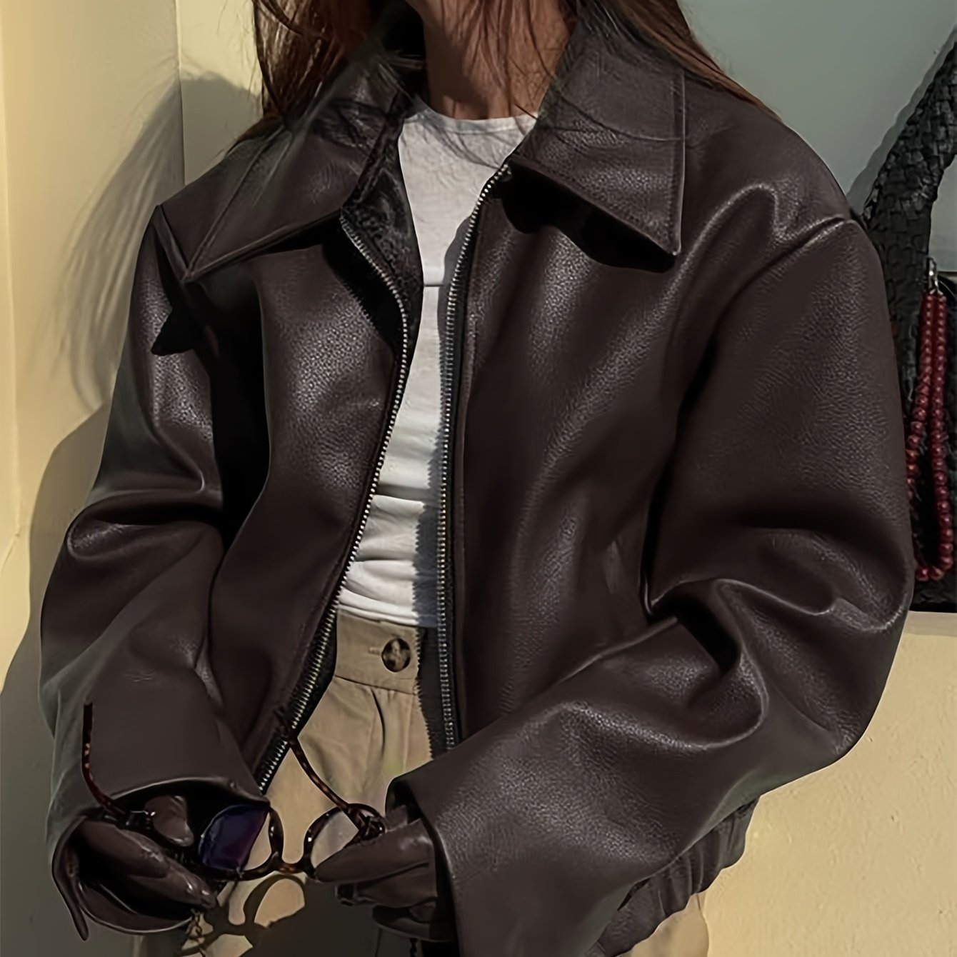 TEMU Fashionable Casual Vintage Motorcycle Women's Pu Jacket