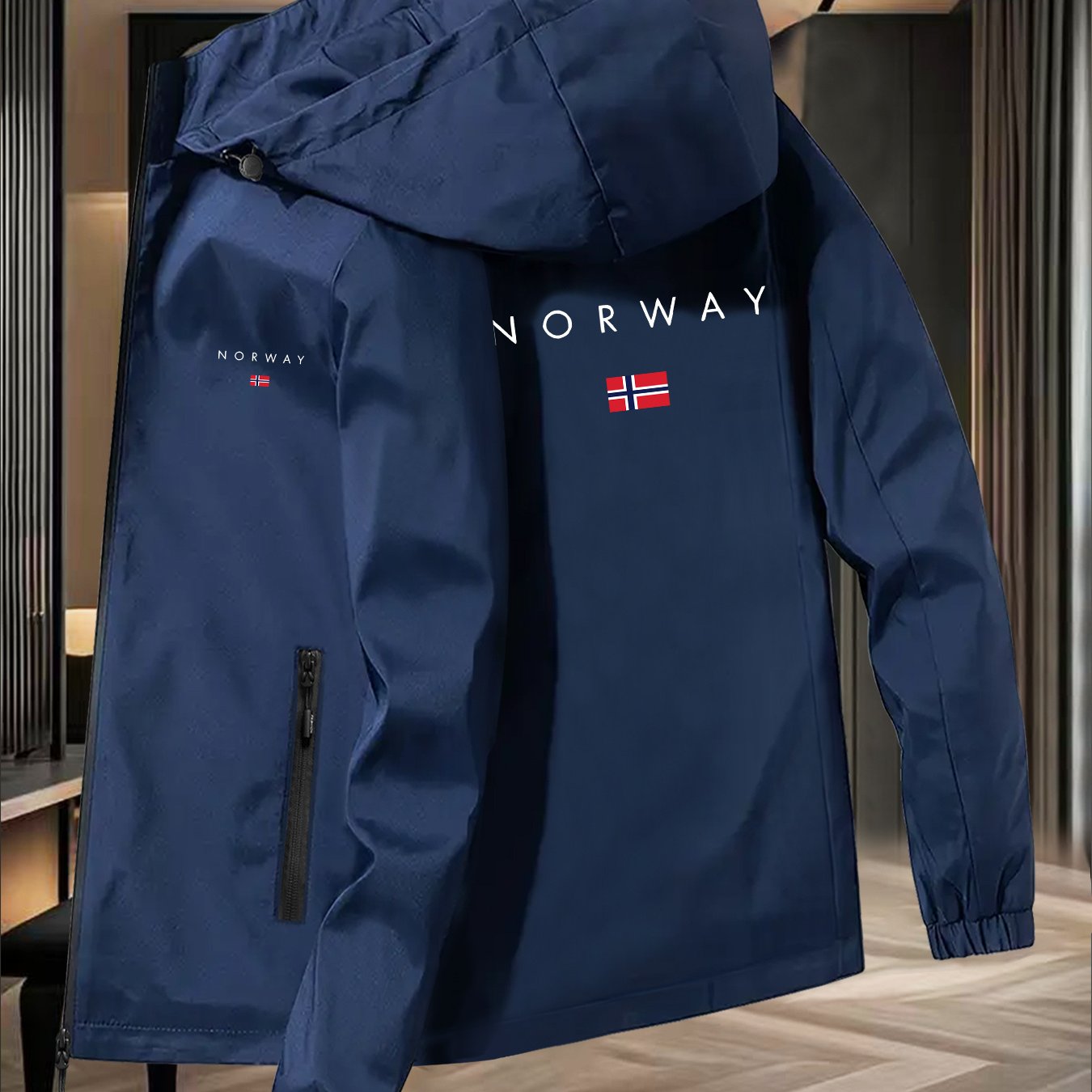 TEMU Men's Norway Flag & Norway Map Print Windproof Jacket - Heavy-duty Winter Skiing & Hiking Coat With Flag Emblem, Zippered Pockets, Machine