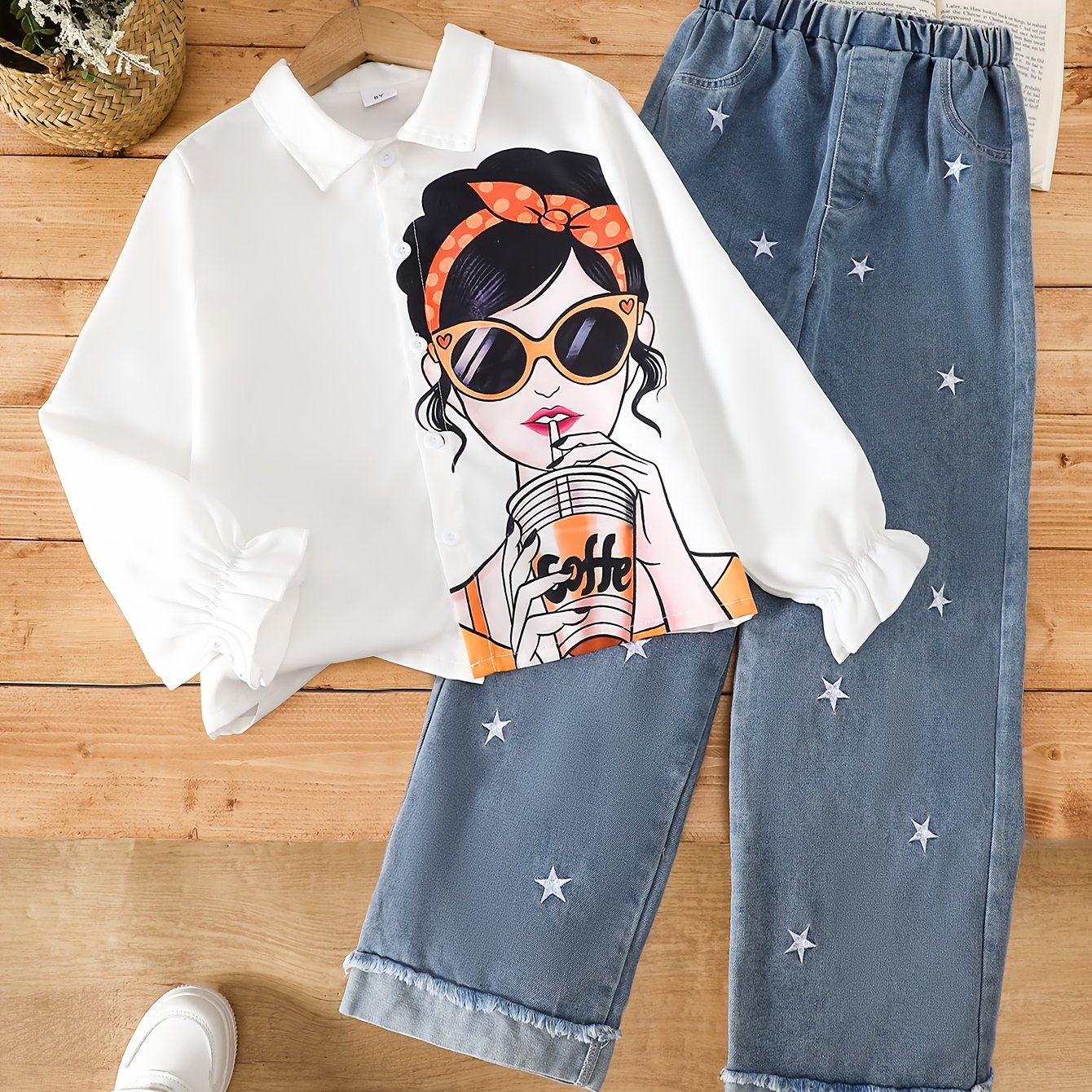 Image of Girls' Autumn And Winter Denim Pants Two-piece Set With Stylish Printed Long Sleeved Shirt Top+pentagram And Hairy Edge Jeans Casual Versatile Girls' Denim Set, Perfect For Outdoor