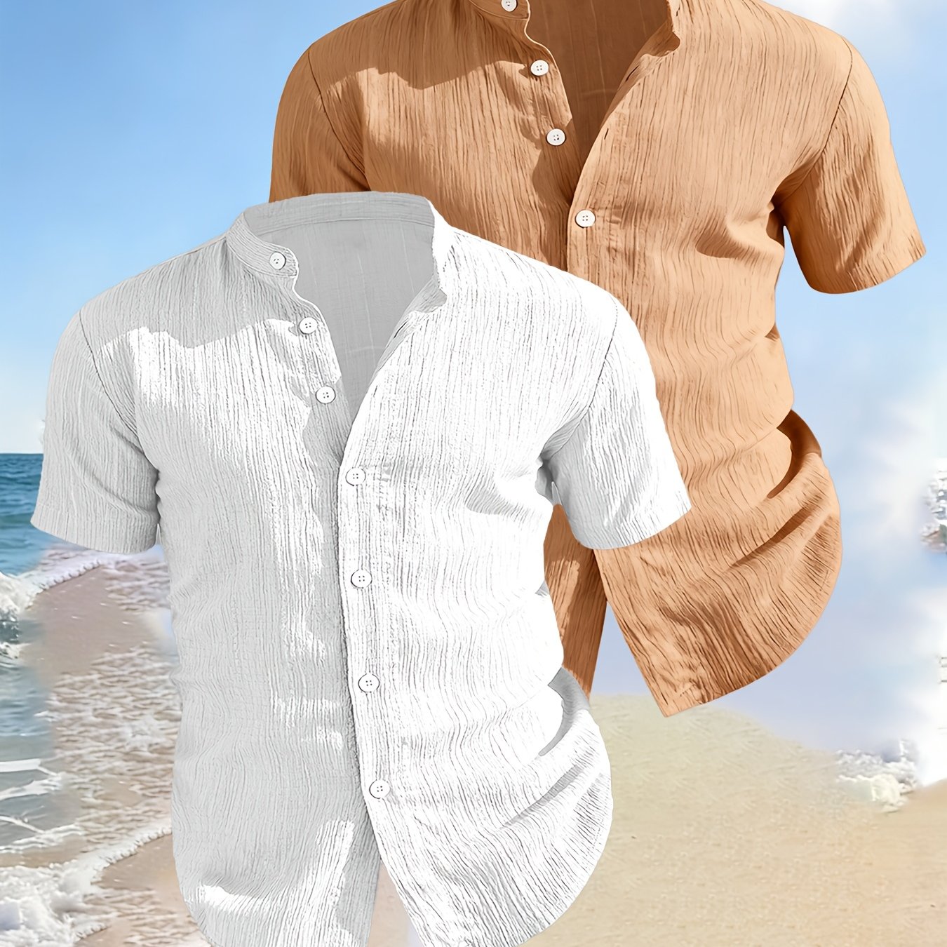 TEMU 2pcs Obm Men's Summer Short-sleeve Shirts - Lightweight Breathable Button- Collar Vertical Stripe Button-front Stand Collar Beach Pool Party