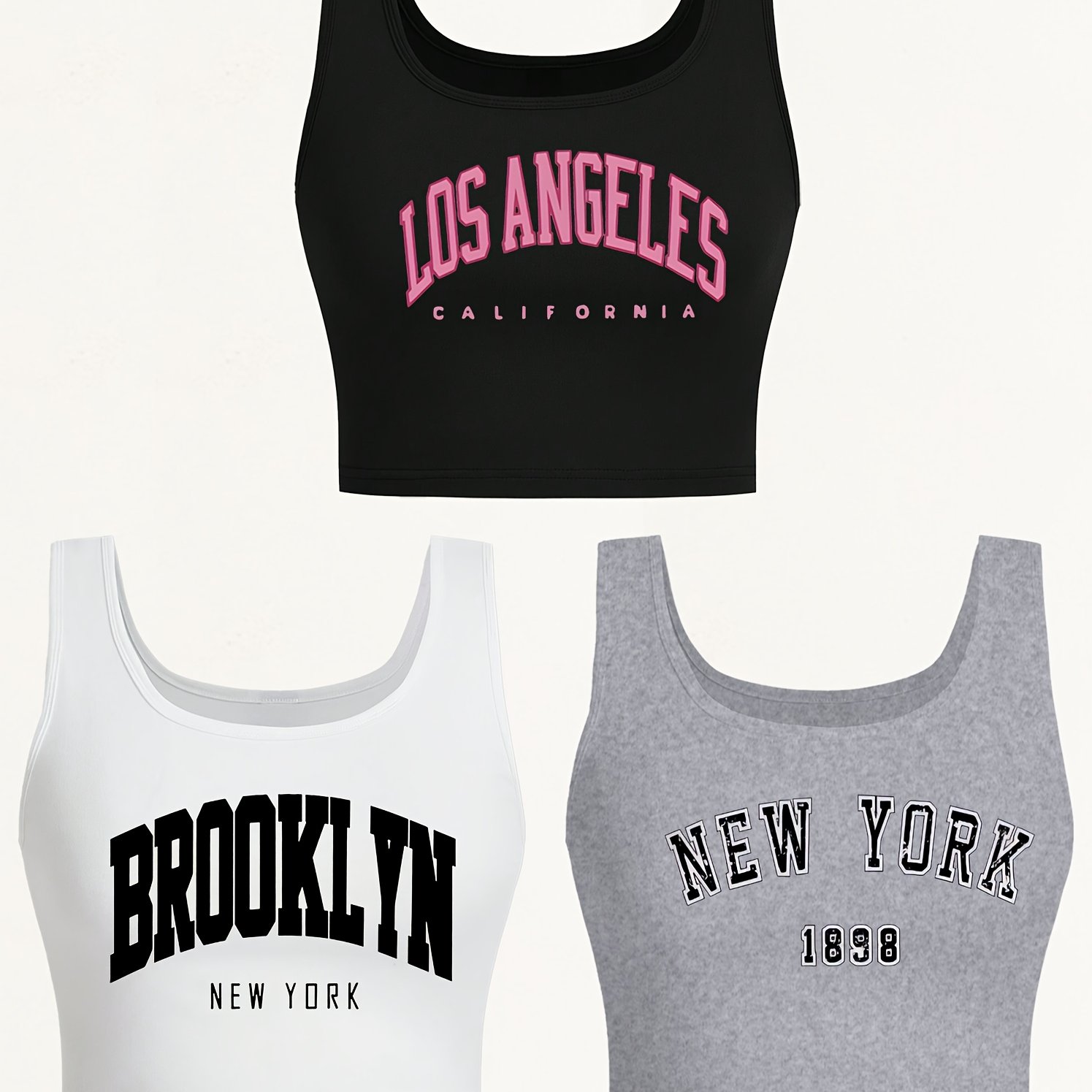 TEMU 3pcs Women's Letter Print Sleeveless Crop Tank Tops - Los Angeles, Brooklyn, Nyc Designs, Seamless Deep Scoop Neck, Stretchy & Breathable Fabric