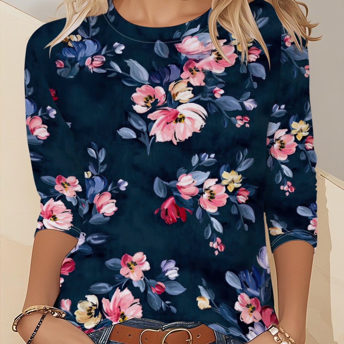TEMU All T-shirt, Long Sleeve Round Neck Casual Top, Suitable For Spring And Autumn Season, Women's Clothing