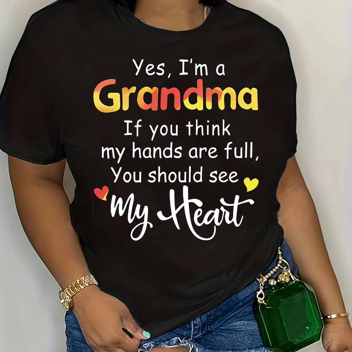 TEMU Grandma T-shirt - "yes, I'm A Grandma" Funny Print, Casual Short Sleeve Top For Women, Black With Colorful Lettering,