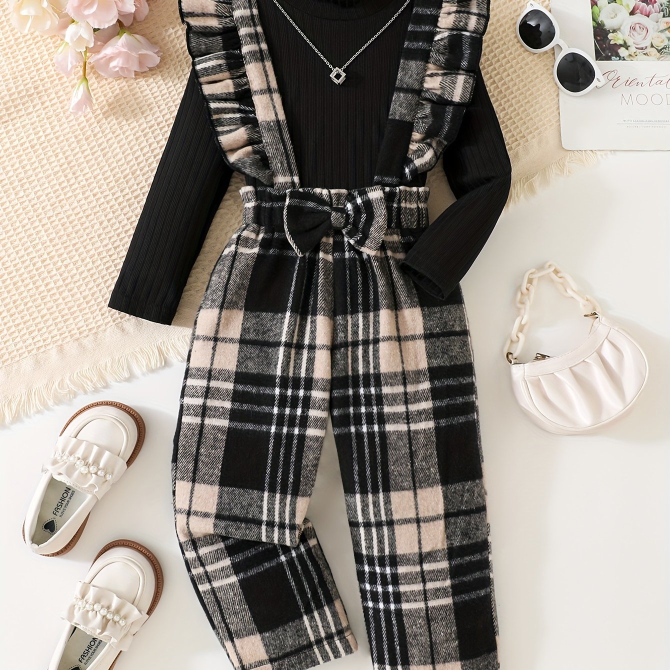 High-necked Ribbed Base Shirt With Suspender Pants Two-piece Set, For Outdoor