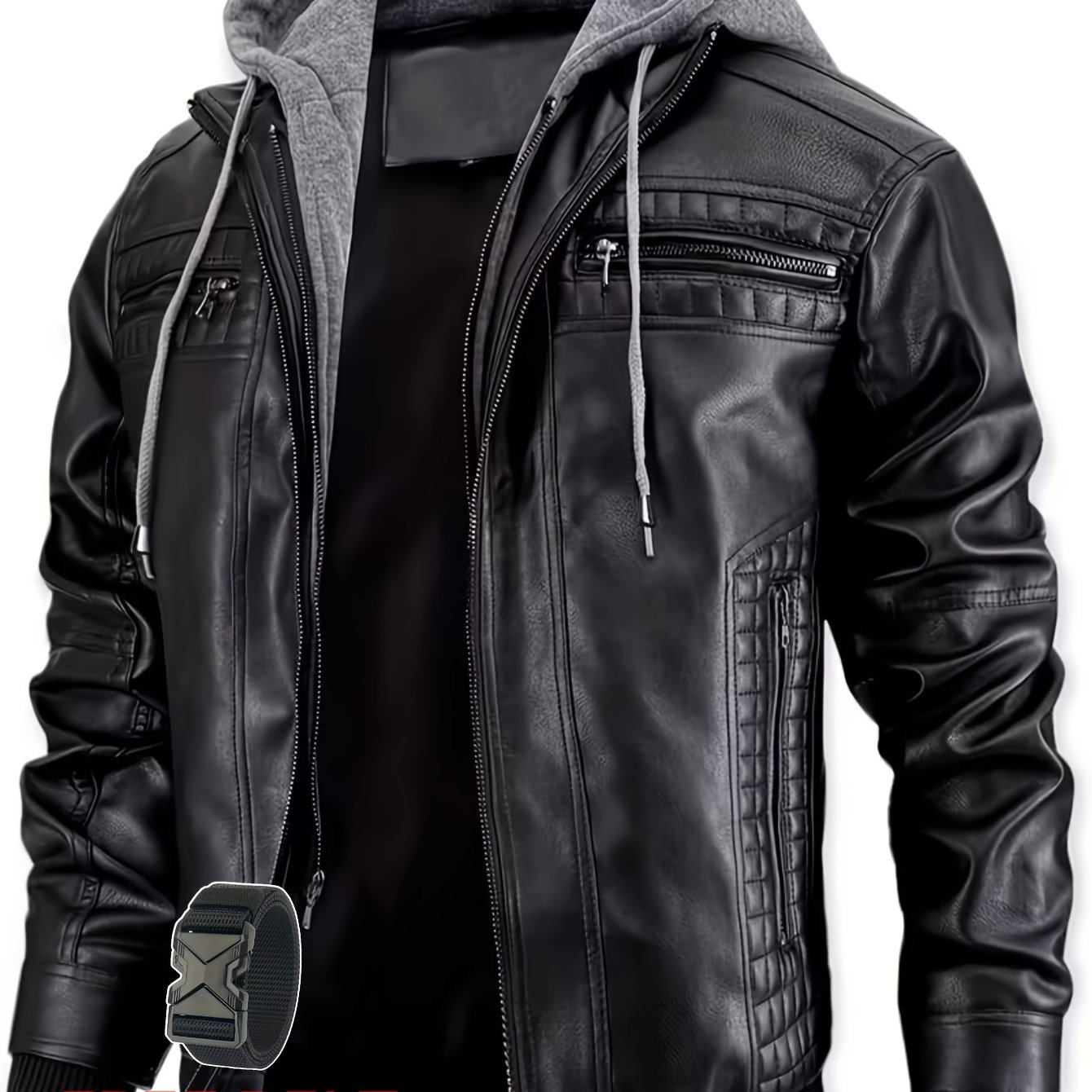 TEMU Men's Casual Stand Collar, Zip-up Motorcycle Jacket With Removable Hood
