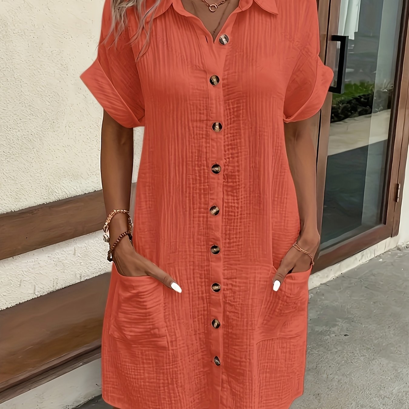 TEMU Simple Solid-color Shirt Dress, Made Of Breathable, Featuring A Lapel Collar And Button Arrangement That Adds A