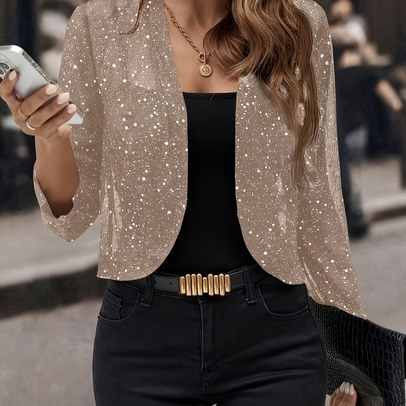 TEMU Veste courte d'extérieur en de style européen et américain, élégant cardigan à col en V de style , haut de vêtement d'extérieur léger d'été