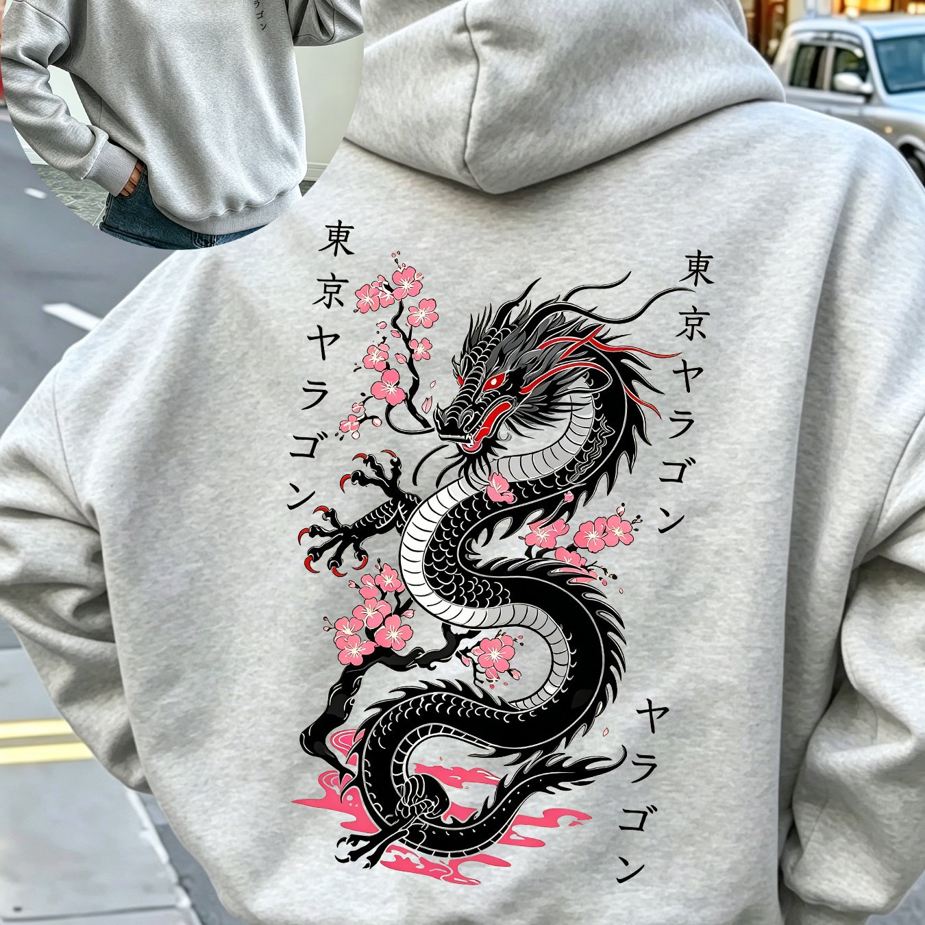 Image of Men' & Women' Japanese -e Hoodie With Large & Cherry Print, Pink Clouds Base, Loose Fit Hooded Suitable For Casual Wear, Machine Washable Autumn/winter Outerwear