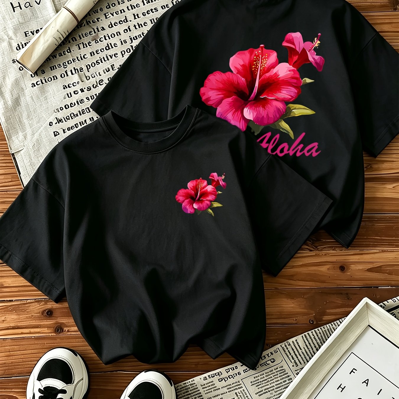 Image of Women's T-shirt Hibiscus Flower Tropical Hawaiian Graphic Summer Beach Vacation Casual Short Sleeve Top