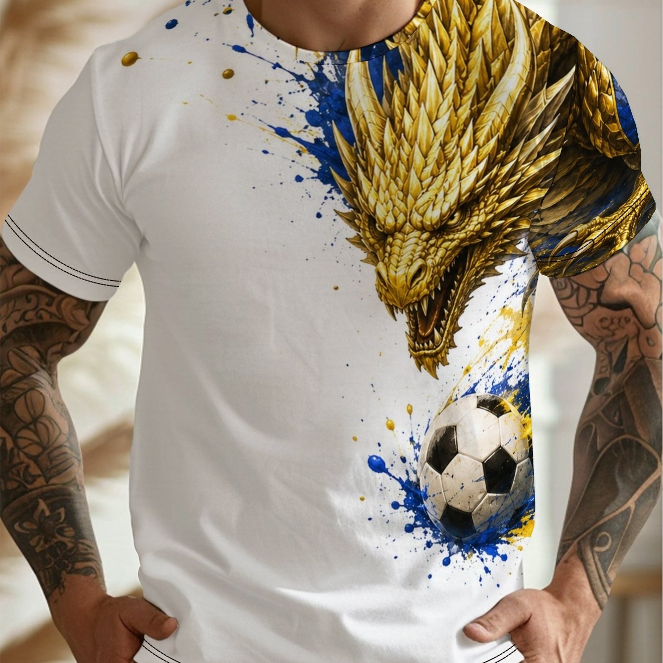 TEMU Bosnia Football Style Men's Casual Graphic Print Short Sleeve T-shirt, Round Neck, Comfortable & Breathable, Fashionable For Summer Beach,