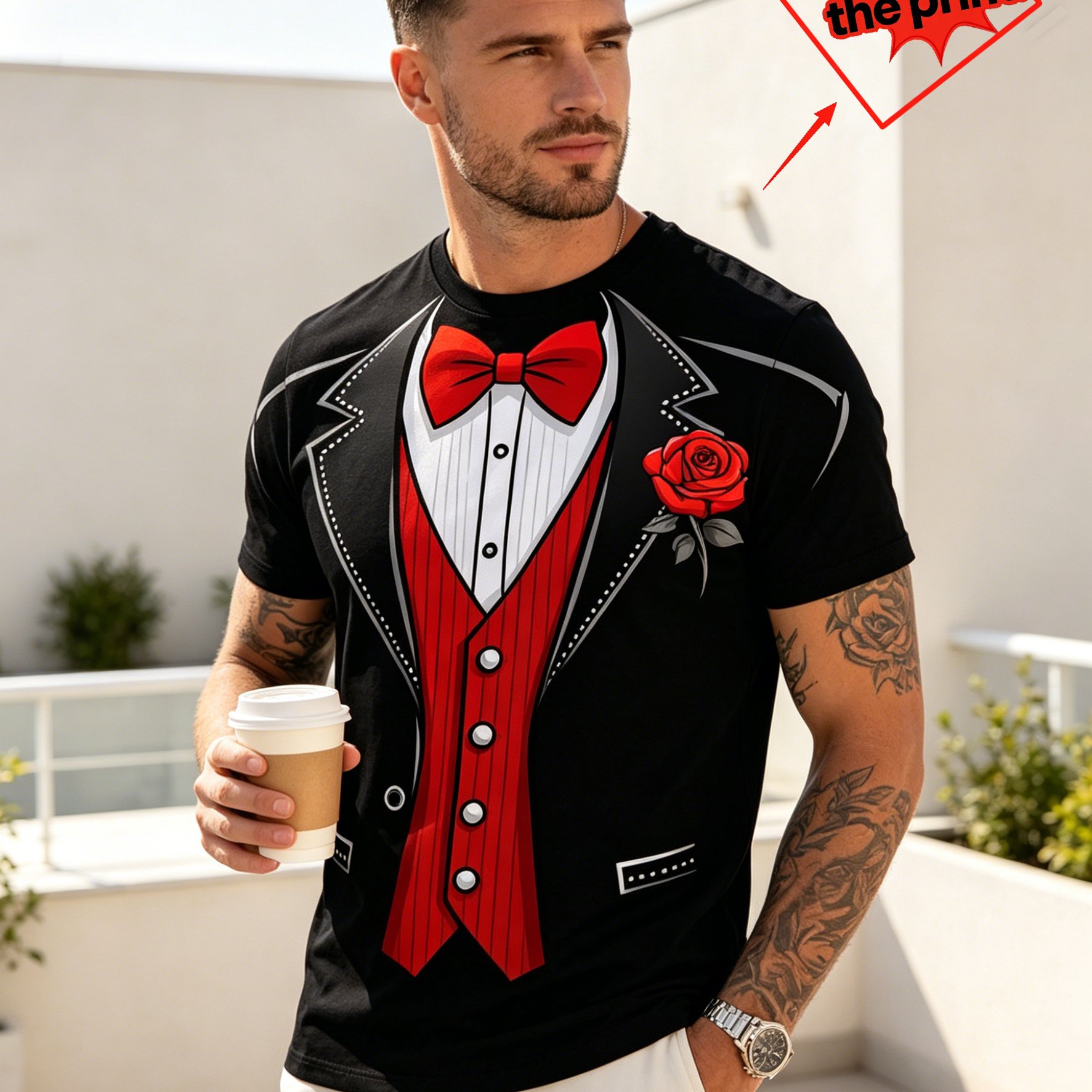 TEMU [printed Design-nottextured]men Summer Fake Tuxedo Graphic Tee Red Bow Tie Rose Print Round Neck Breathable Party Casual Wear