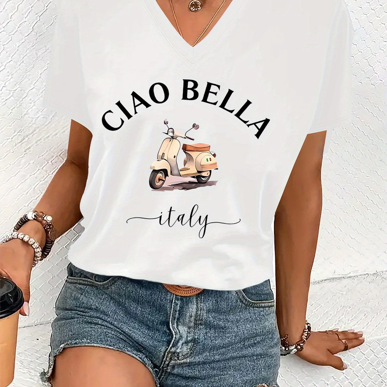 TEMU Women's Casual V-neck T-shirt With Bella Italy Graphic, Short Sleeve Polyester Knit Top, Summer & Spring Fashion, 180g/m² Fabric Weight