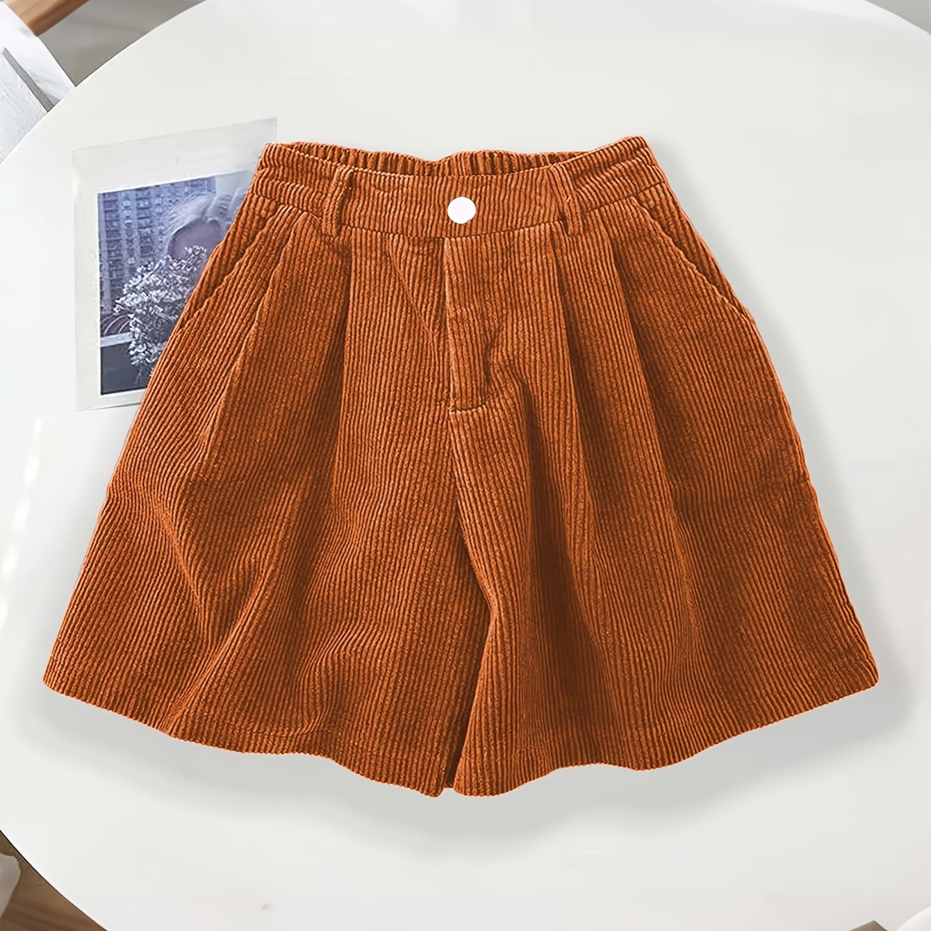 TEMU Women's Vintage Corduroy Elastic Waist Shorts High-waist A-line Versatile Casual Wide-leg Pants