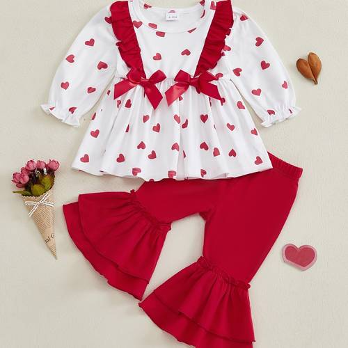 toddler girl valentines day outfits bow print crew neck long sleeve ruffles flare pants 2pcs clothes set for outdoor