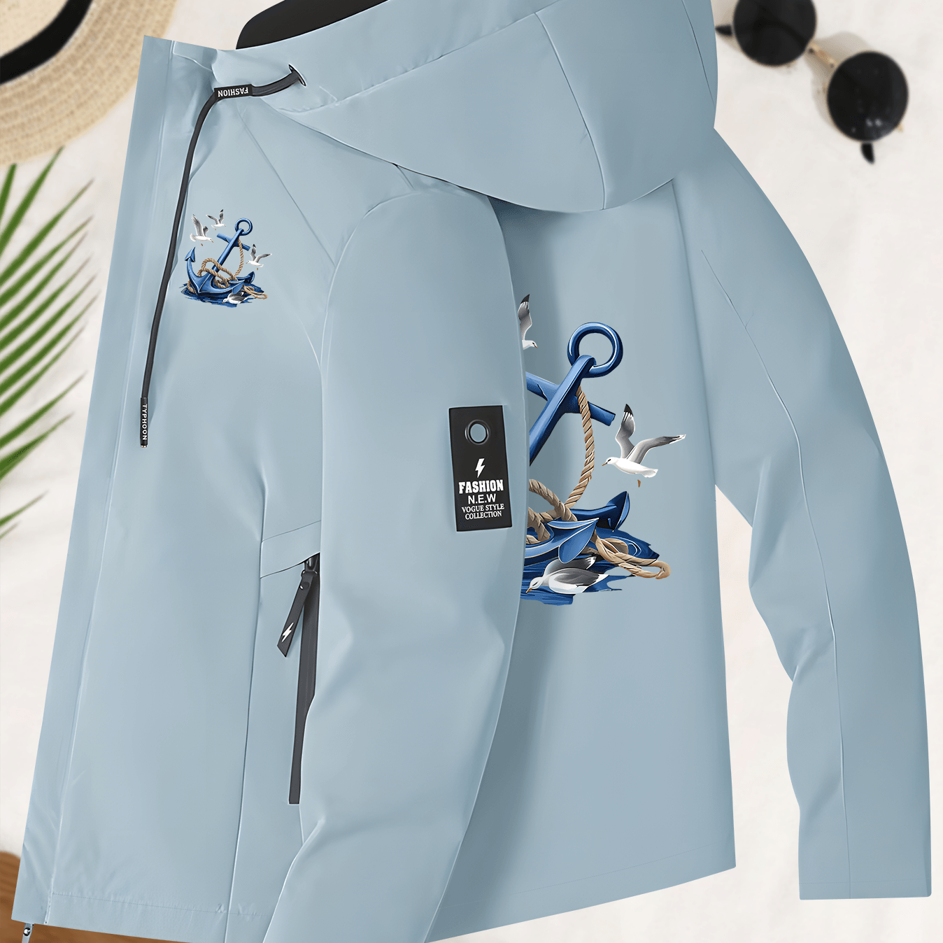 TEMU Vintage Nautical Anchor And Seagull Print Lightweight Windbreaker Jacket For Women, Unique Niche Casual Jacket, Versatile Trendy Cool Outerwear