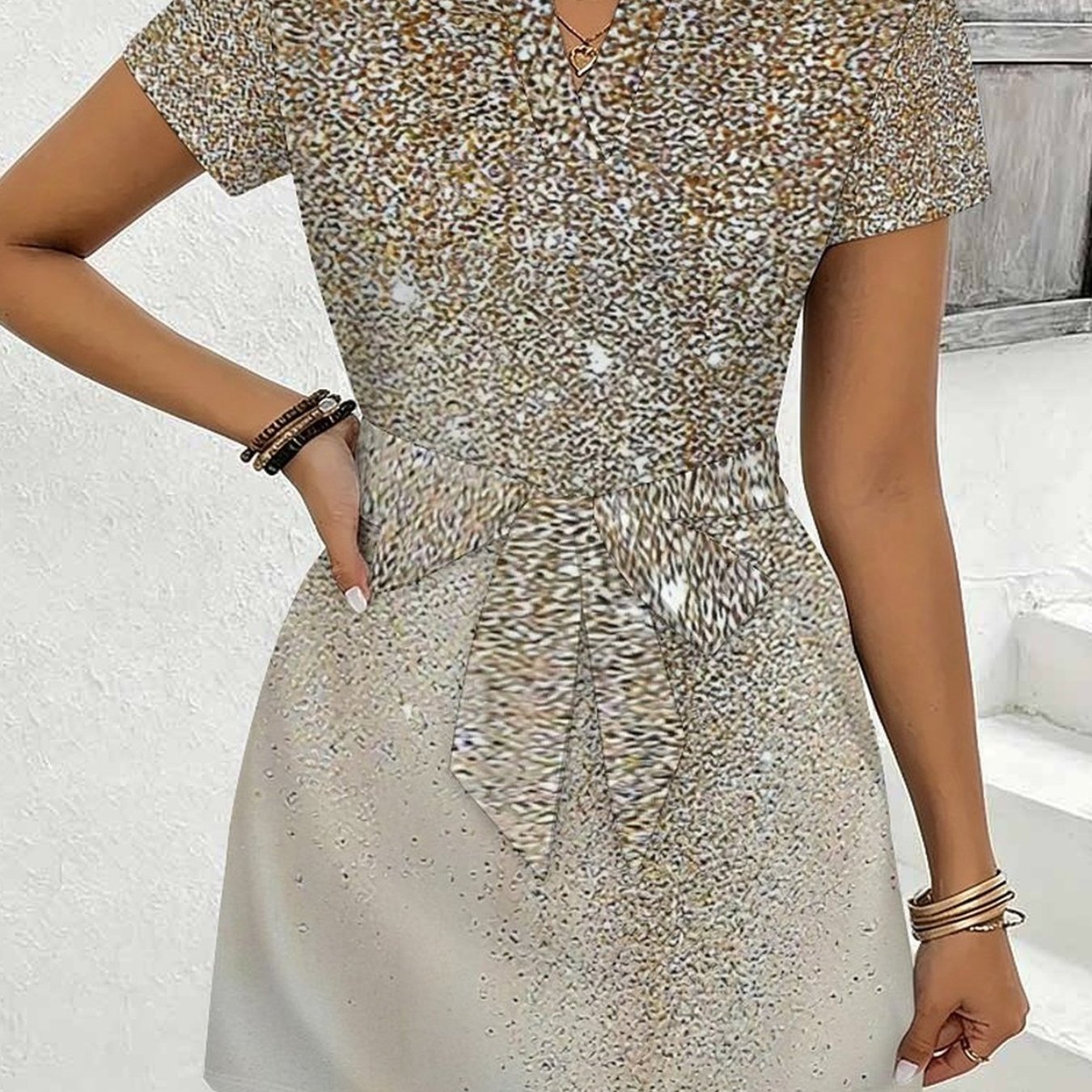Image of Women's Elegant Waistband V-neck Dress, Elegant Women's Dress, Sexy And Elegant Holiday Party Printed Clothing