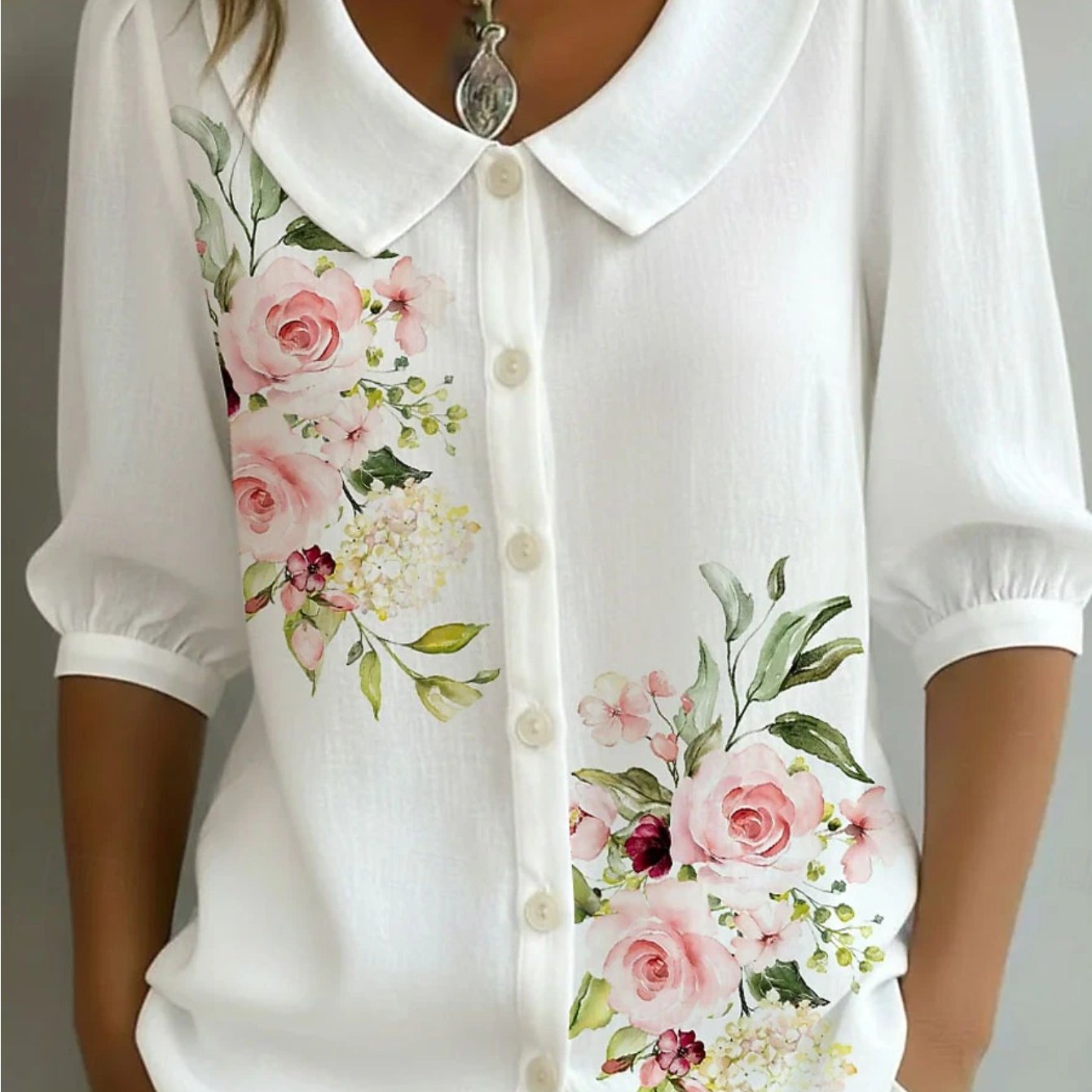 Image of Plus Size, Print Design- Texture Free Autumn Winter New Arrival Ladies Peter Pan Collar 3 Quarter Sleeve Blouse White Watercolor Rose Print Gentle Elegant Comfortable Breathable Daily Commuting Outfit