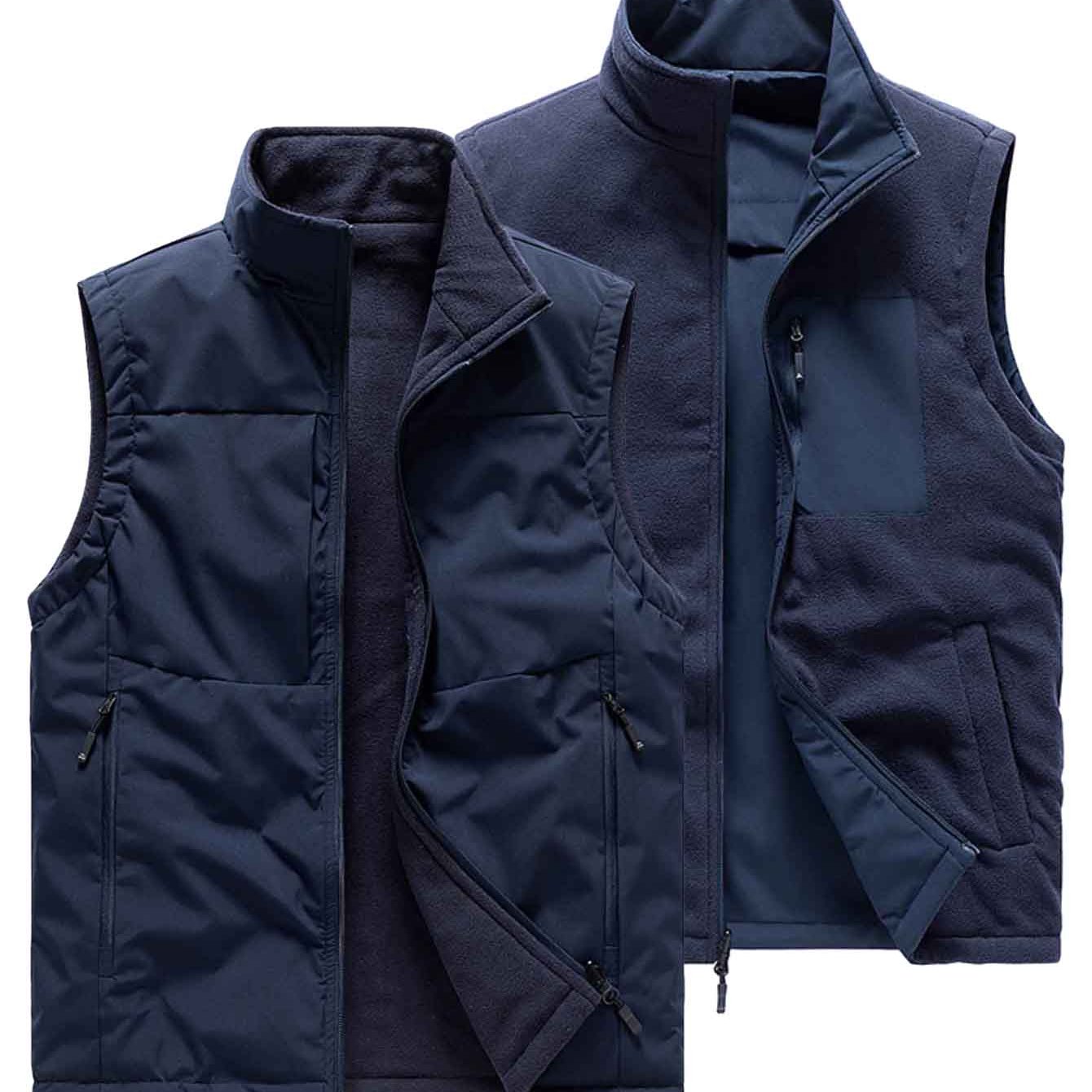 TEMU Reversible Multi-pocket Fleece Men's Vest For Outdoor Activities, Casual Fishing Vest For Men, Easy And Stylish Solid Color Running Vest