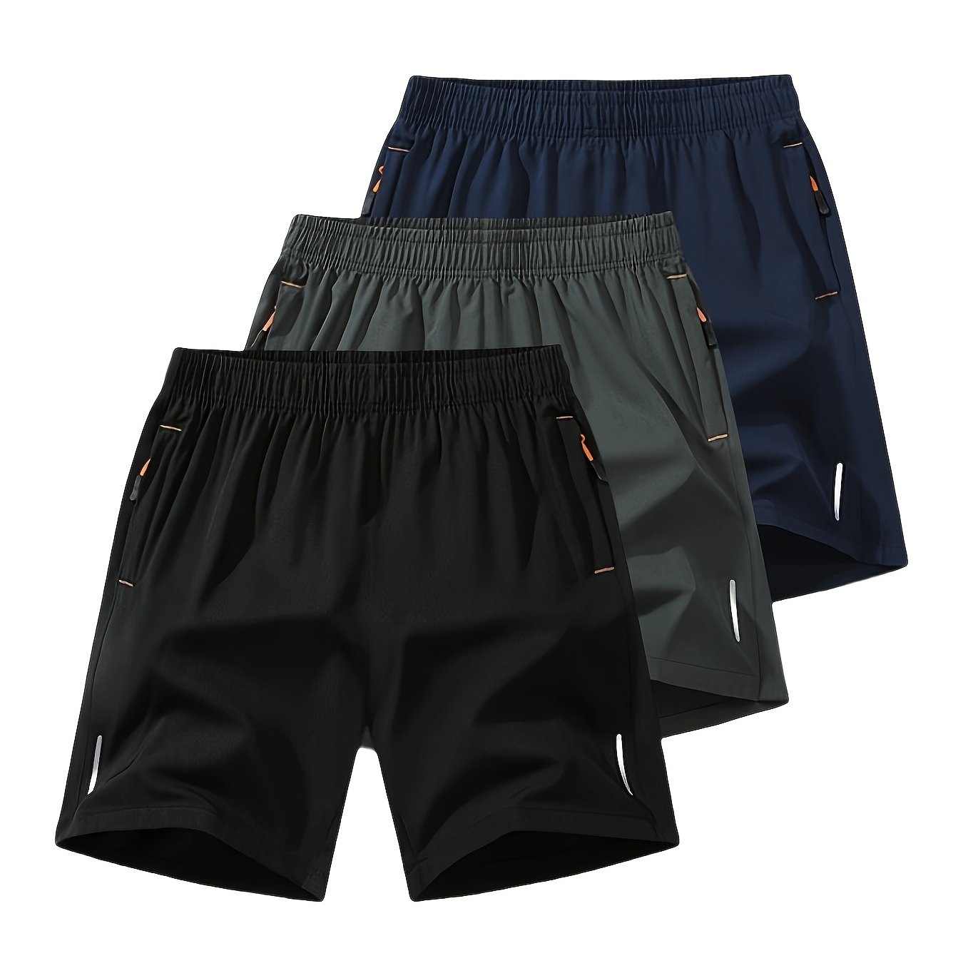 Image of Three-pack Boys' Casual Sports Shorts With Zippered Pockets, Summer Quick-dry Breathable Elastic Waist Shorts, Perfect For Outdoor