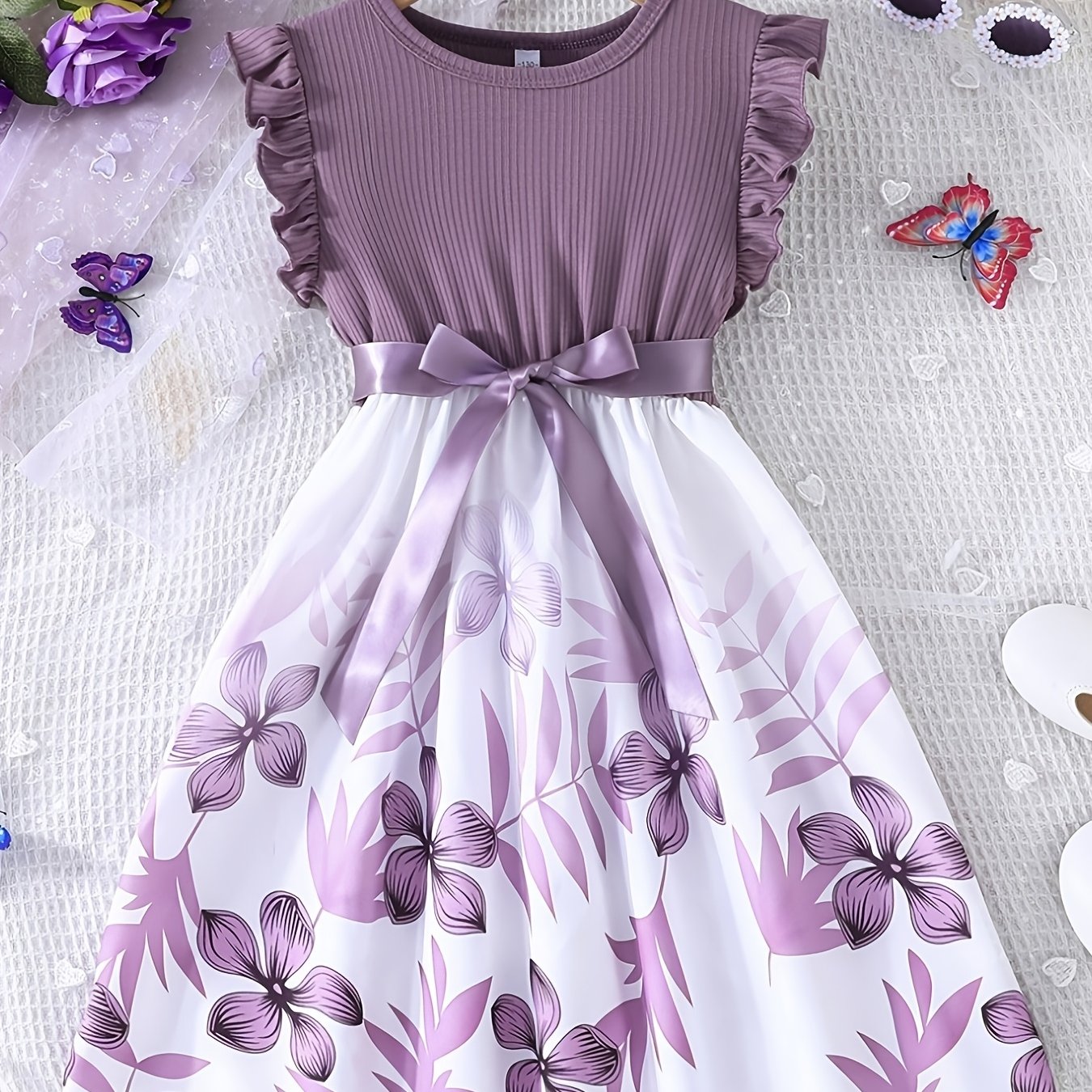 And Comfortable Girls' Pattern Sleeveless Dress With Belt, Suitable For Holiday Parties