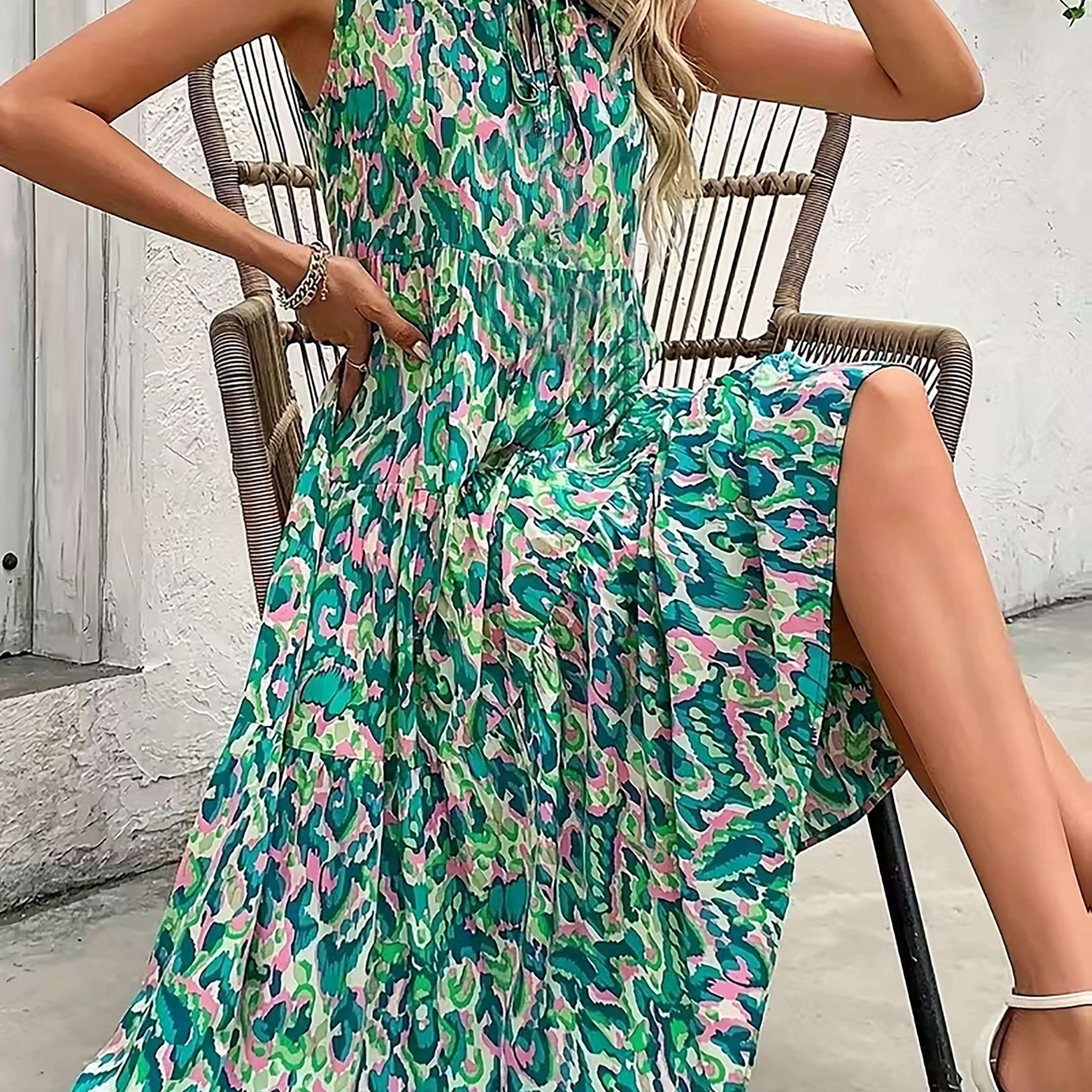 TEMU Women's Bohemian Sleeveless V-neck Floral Print Loose Vacation Maxi Dress