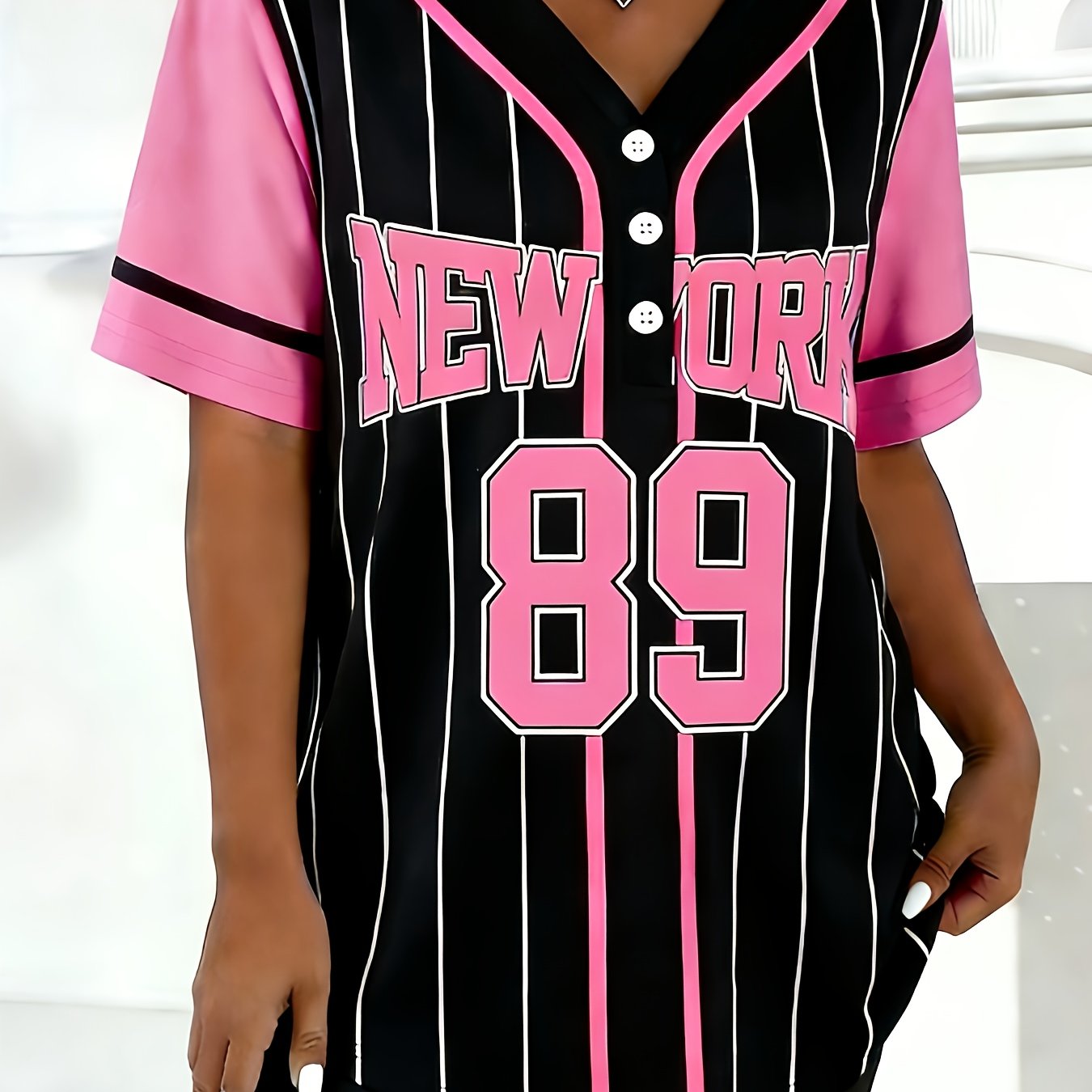 TEMU Plus Size, 2026 Jerseys Plus Size Women's V-neck T-shirt, Swear, Fan Apparel, Baseball Tee, Loose Fabric. Fashionable Baseball-themed T-shirt,