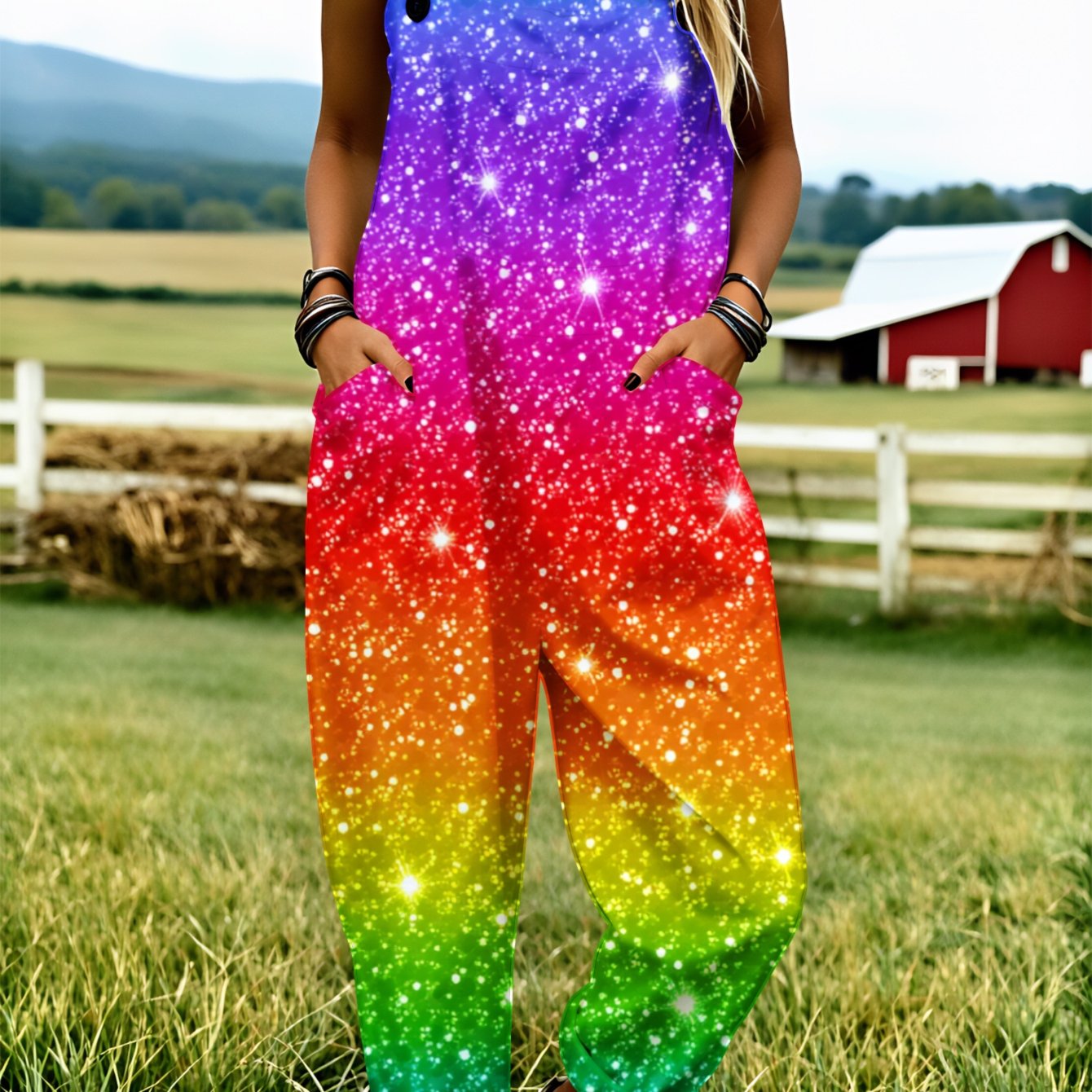 Image of Women' Size Overall Jumpsuit, Size S-2xl Rainbow Galaxy Sparkle Casual Wear Loose-fitting Overalls Personalized Print Suitable For Daily Wear, Home Loungewear And Travel. Perfect Gift For