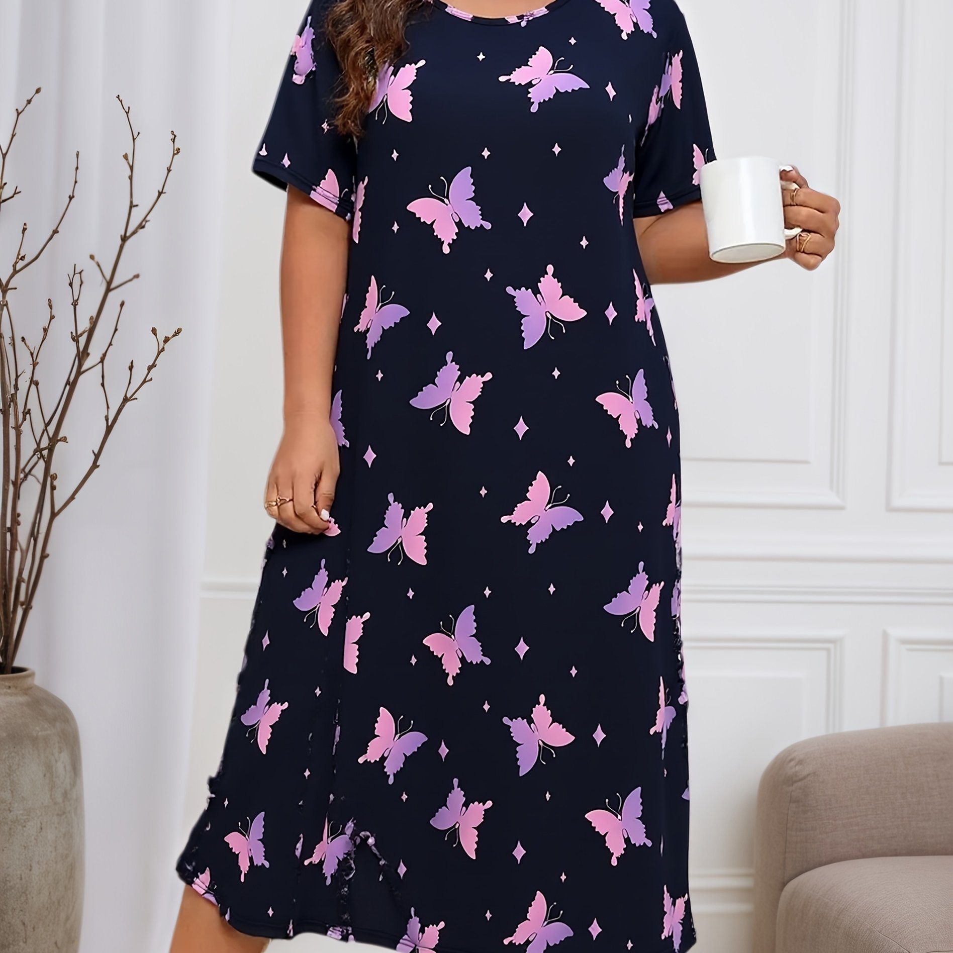 Image of Women's Print, Large Size Casual Nightdress, Loungewear, Short Sleeve, Round Neck T-shirt, Soft Polyester Blend, Vivid Pink.