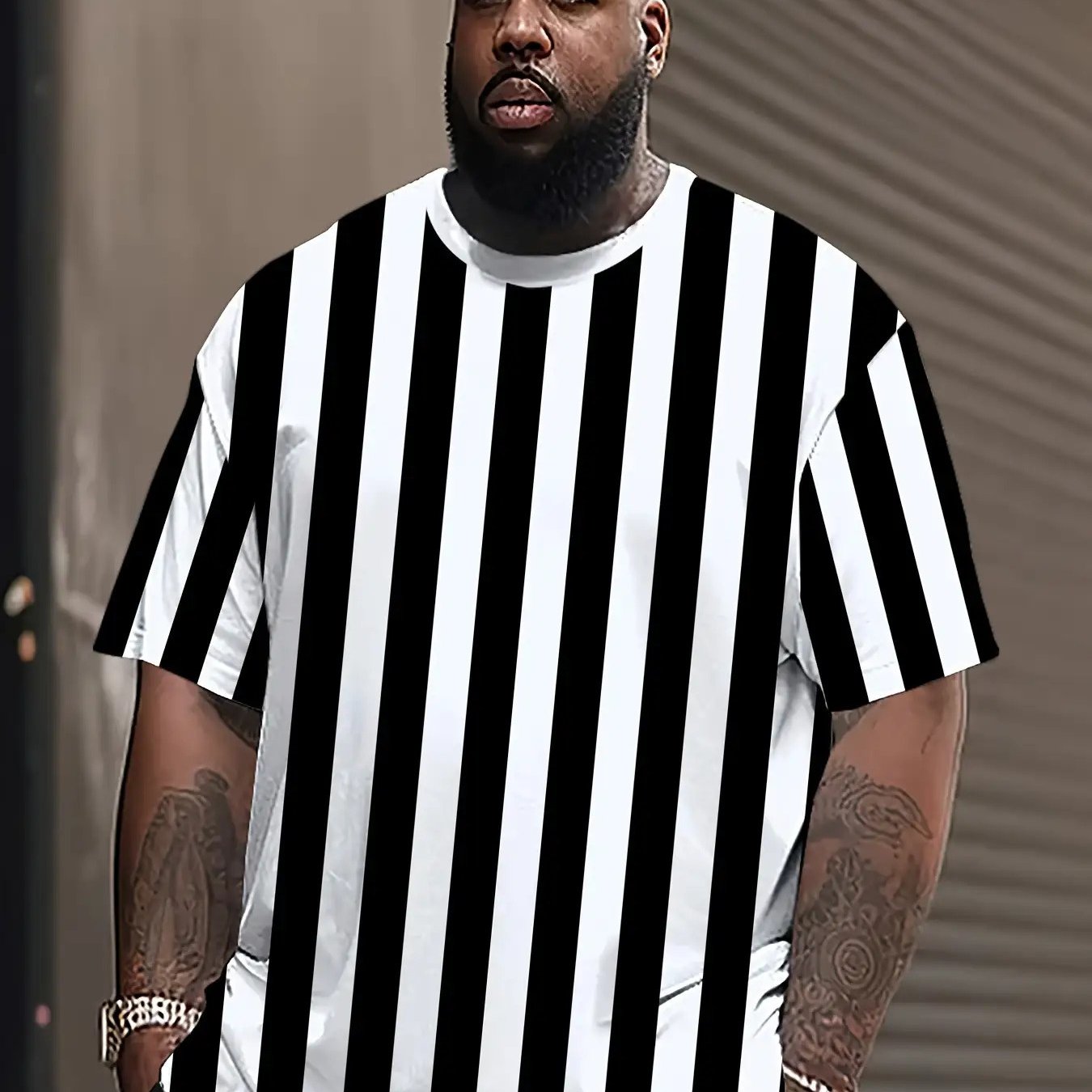 TEMU Men's Loose Black And White Vertical Stripe T-shirt - Referee , Breathable For Daily & Formal Wear: Sports, Parties, Casual Outfits - Machine