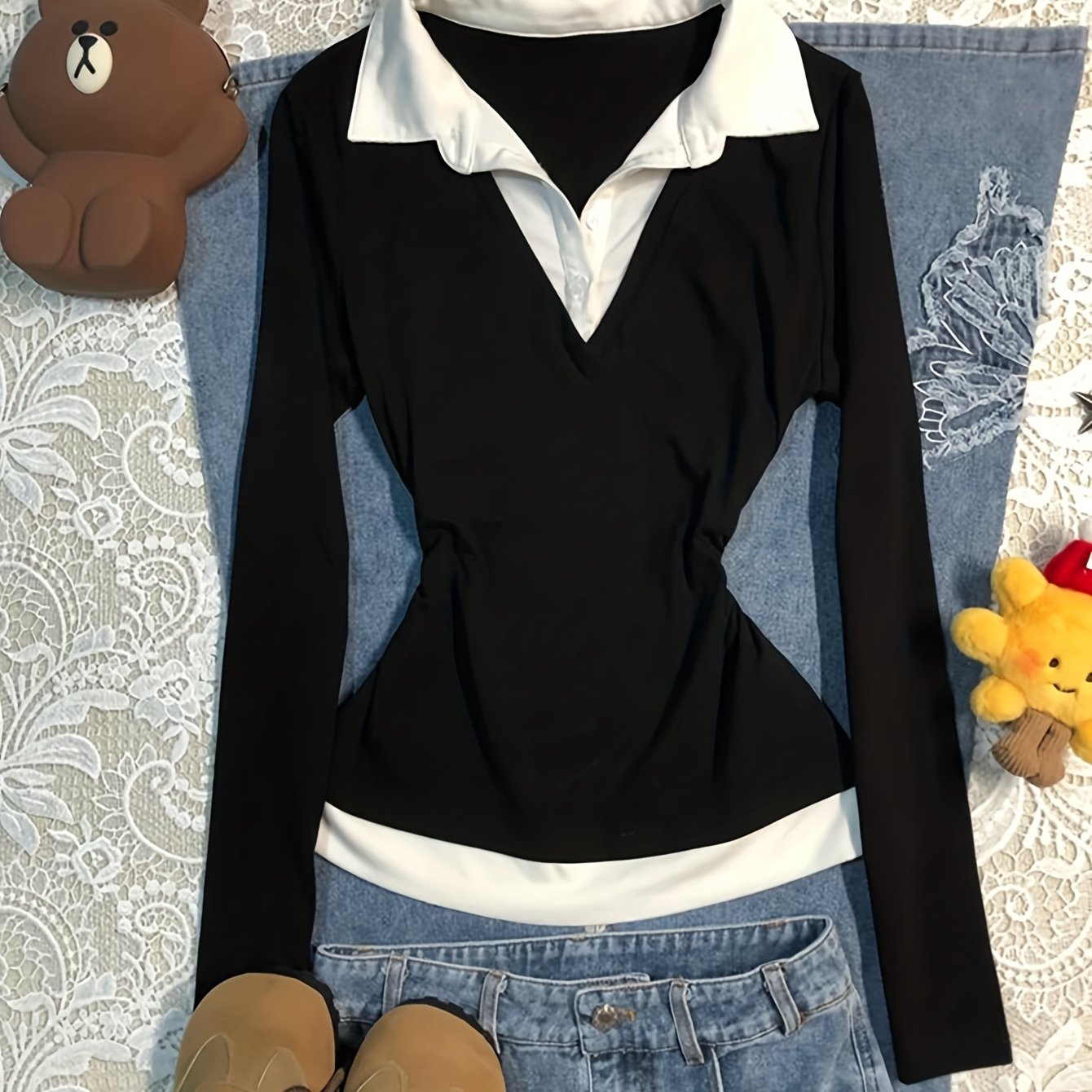 E-shop Süßes und scharfes, zweiteiliges, langärmeliges Hemd mit Kragen, Basis-Hemd für Damen, Herbst und Winter, koreanischer Stil, College-Stil, Slim