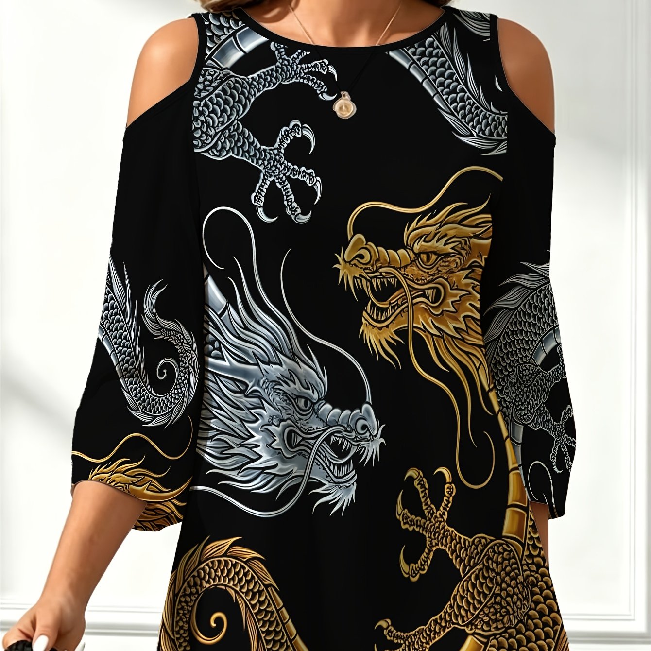 TEMU Women's Summer Fashion Elbow-length Off-shoulder Top, Black Background With Golden And Silver Cool T-shirt, Hollow Shoulder On Sides, Golden And
