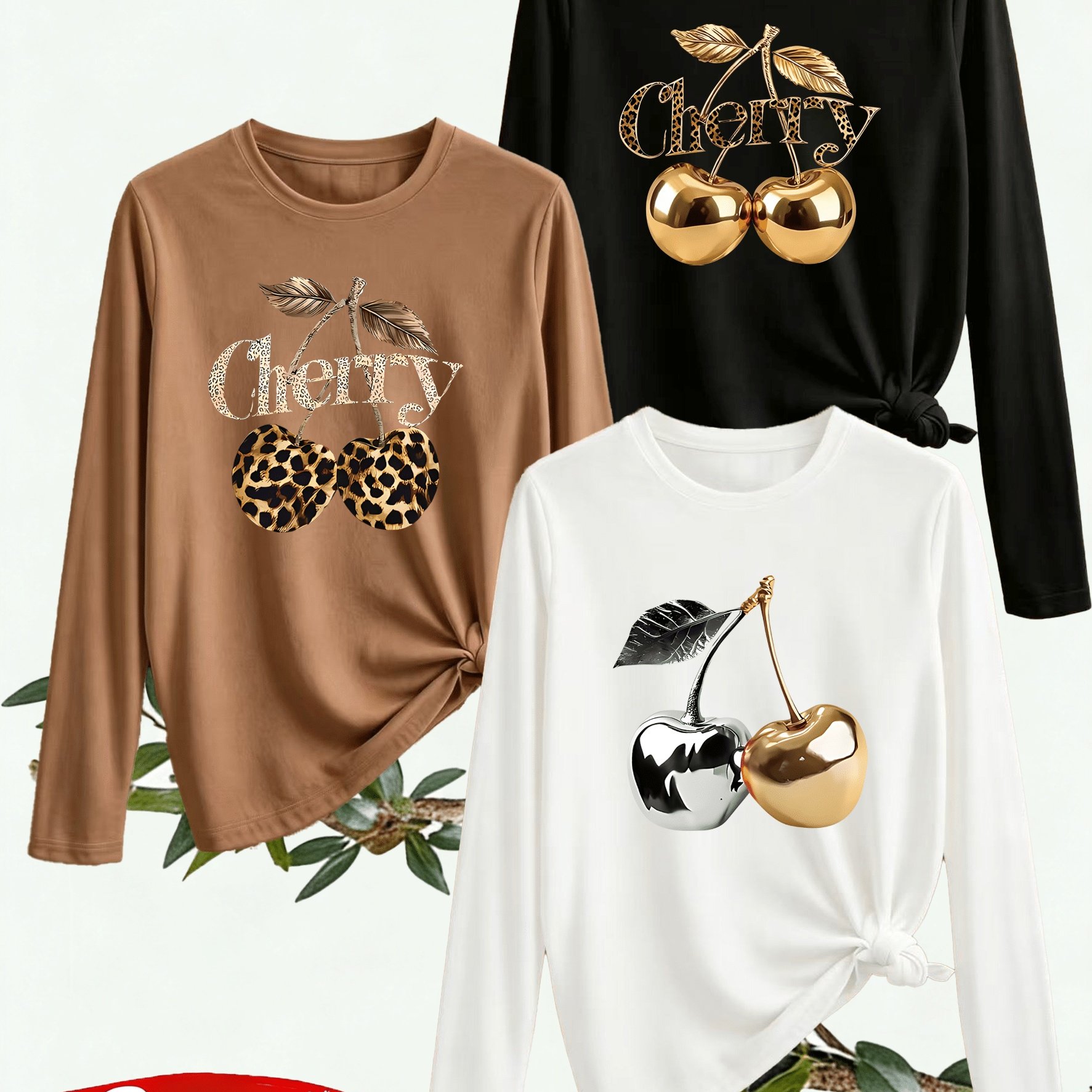 TEMU 3pcs Women's Cherry Print Blouse T-shirts - Non- Round Neck Long Sleeve, Machine Washable Polyester Shirts Suitable For Spring/autumn Layering,