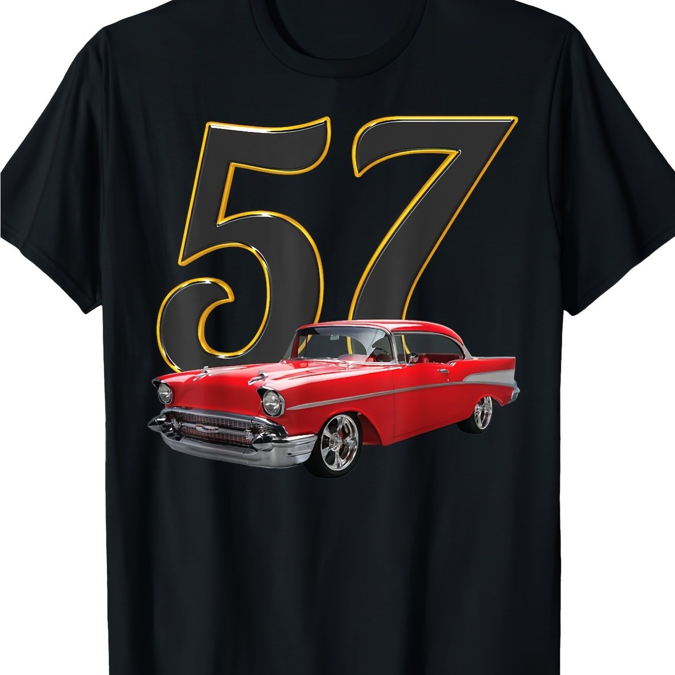 TEMU Men's Vintage 1957 Red Car & '57 Number Graphic T-shirt - Soft Cotton Short Sleeve Crew Neck Retro Casual Summer Tee For 50s Themed Outfits