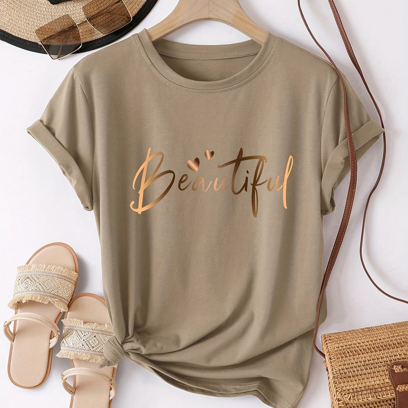 TEMU Women' Fit Casual Short Sleeve T-shirt With Letter Print, Round Neck, Regular Length, /summer/autumn, ,