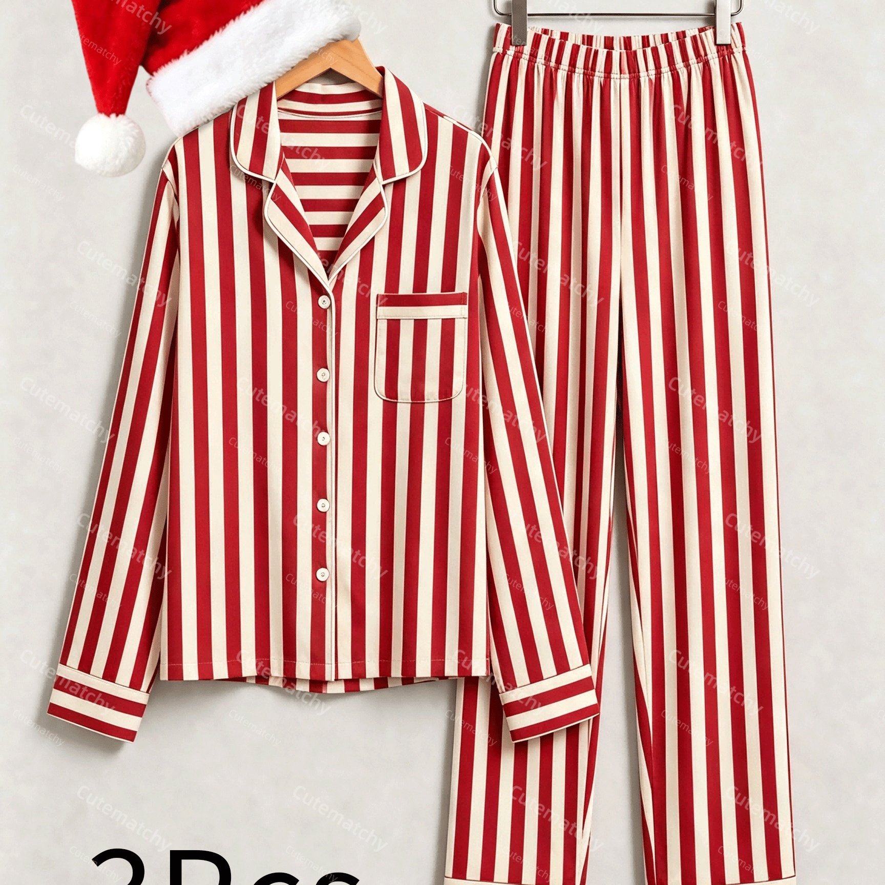 Image of 3pcs Christmas Red And White Vertical Striped Pajama Set, Long Sleeve Button- Sleepwear With Santa Hat, Festive Holiday Loungewear For Women