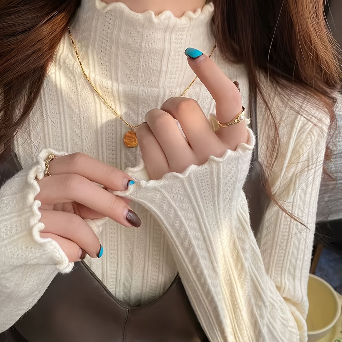 Semi-high Neck Crochet Long Sleeve Sweater For Women, Autumn Base Layer, Gentle Ruffle Top