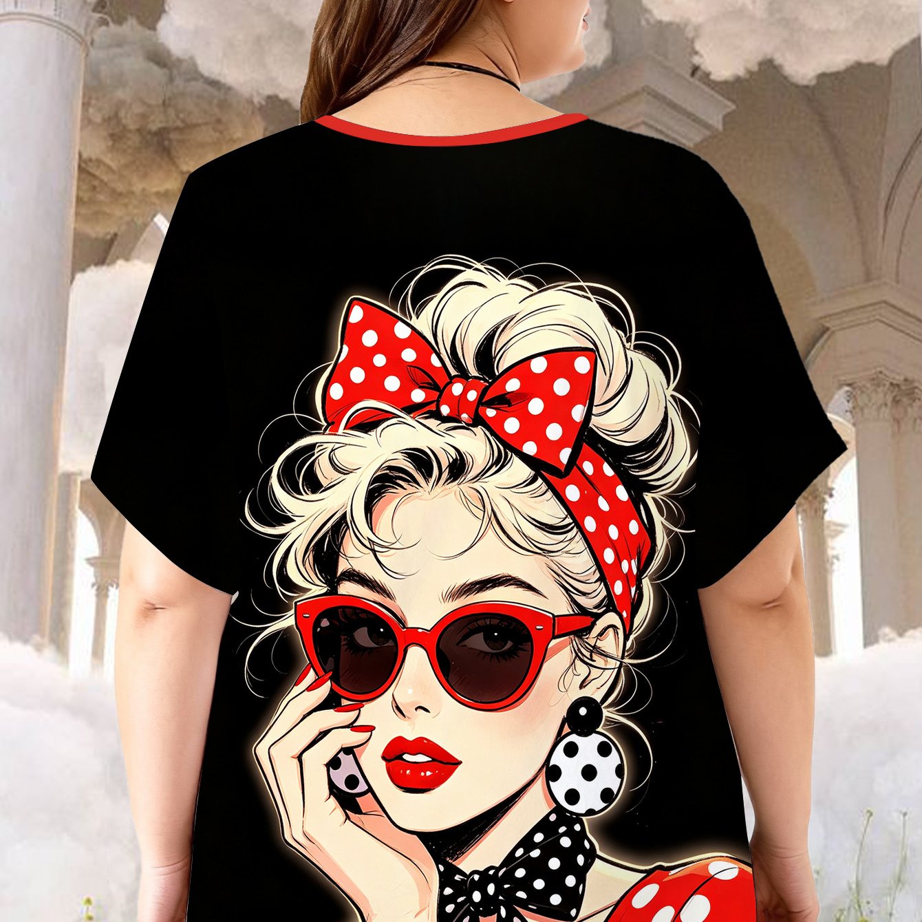 TEMU Plus Size Women's Red-trimmed Round Neck Short Sleeve T-shirt, Retro Polka Dot Cartoon Gentleman Printed Top, Loose Body-covering Fit,