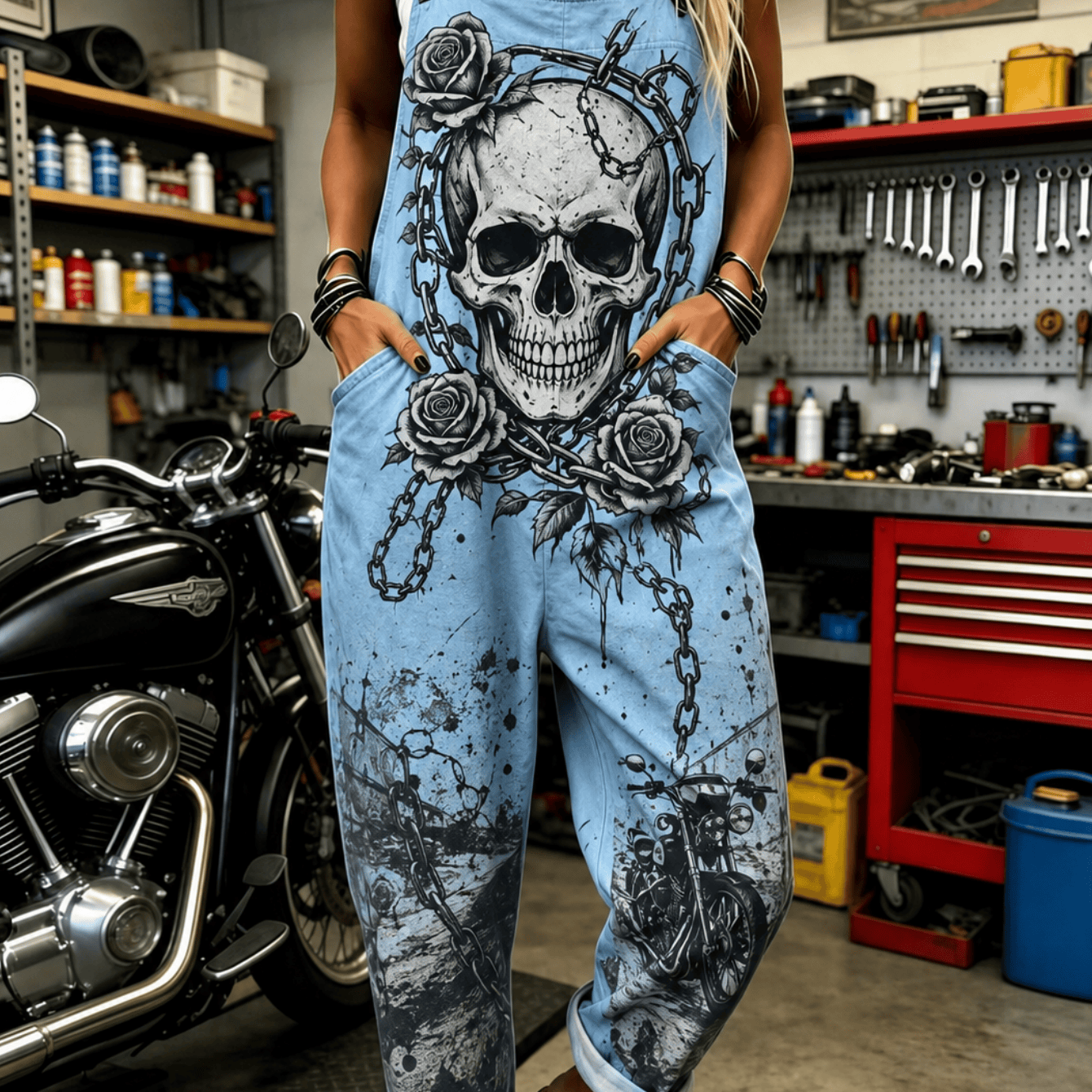 Image of Women' Size Overall Jumpsuit, Size S-2xl Skull Roses Chains Fashionable Clothing Suitable For Spring, Summer And Autumn Clothing Suitable For Daily Wear And , An Ideal Gift For