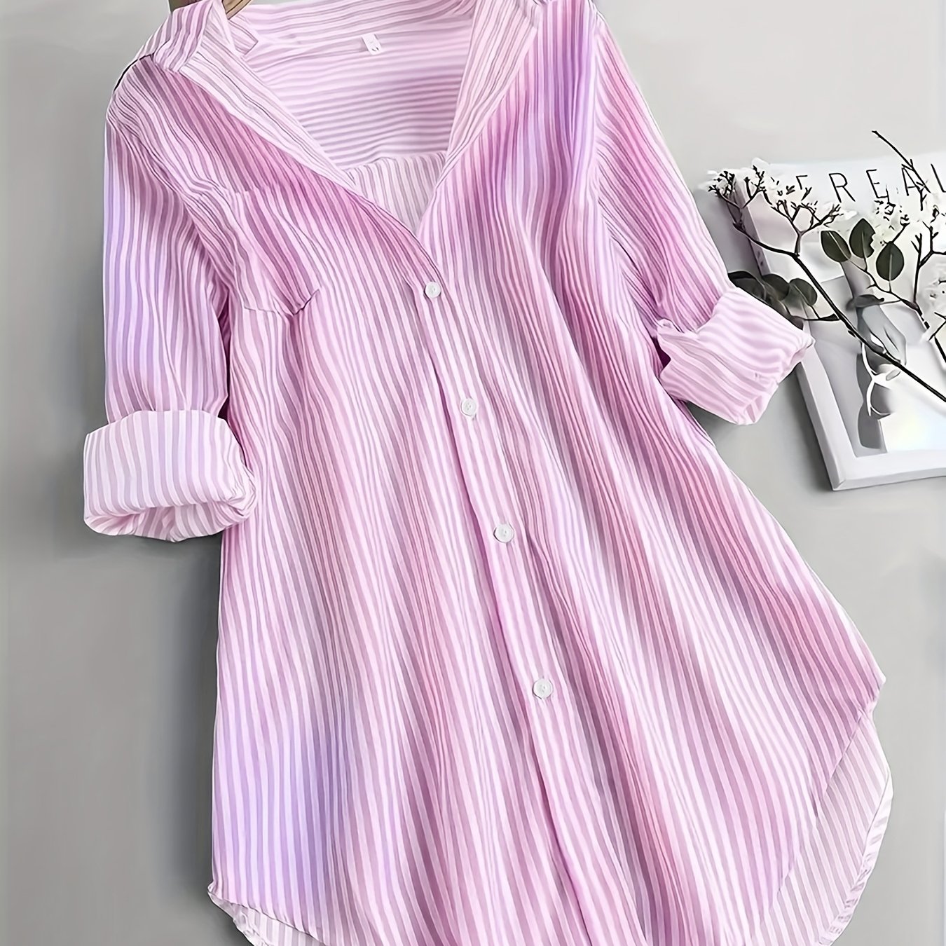 TEMU Plus Size, Women's Plus Size Long Sleeve Striped Shirt