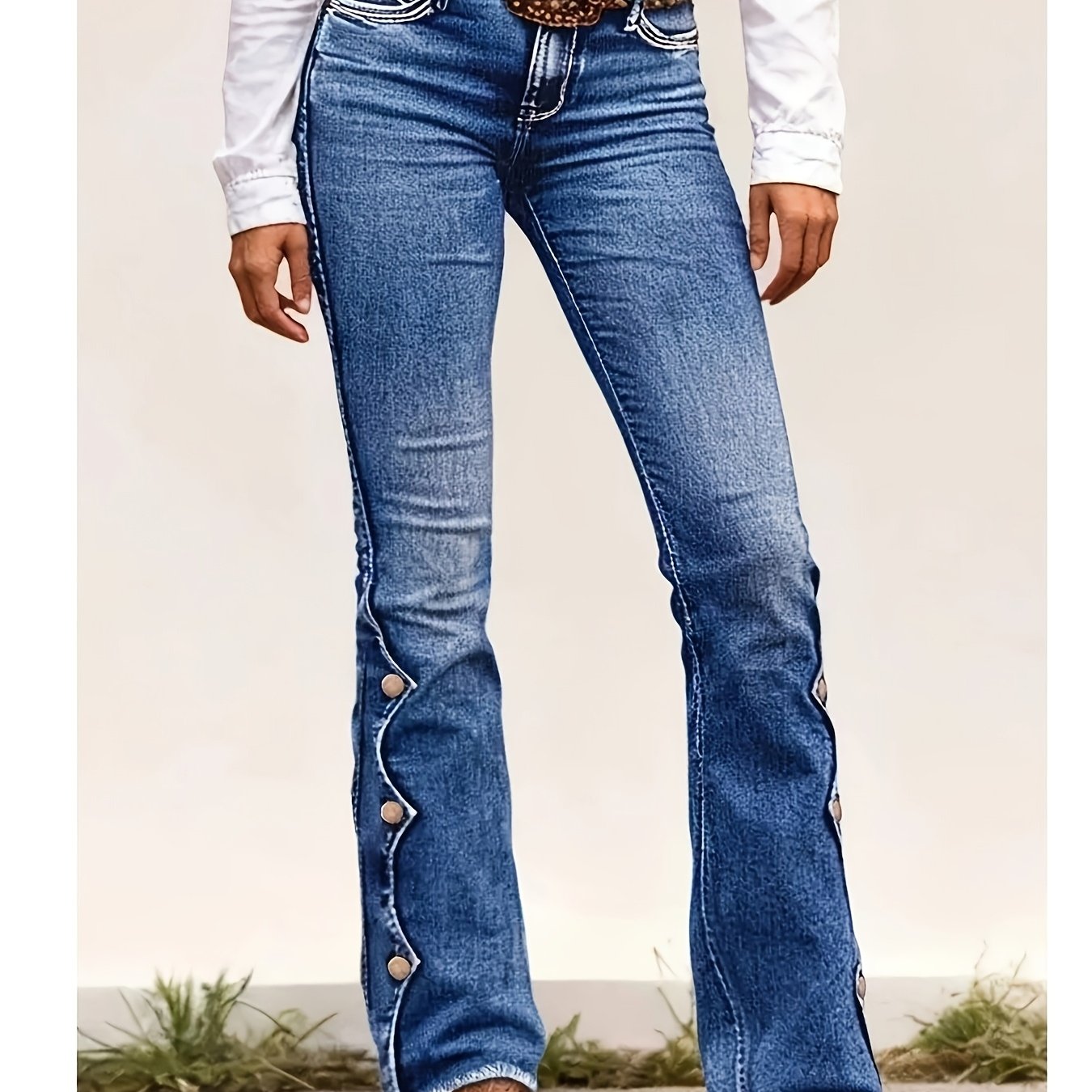 TEMU 2026 European And American Women's Jeans Trendy Streetwear Hem Button Design Slim Fit Flattering Elegant Women's Pants