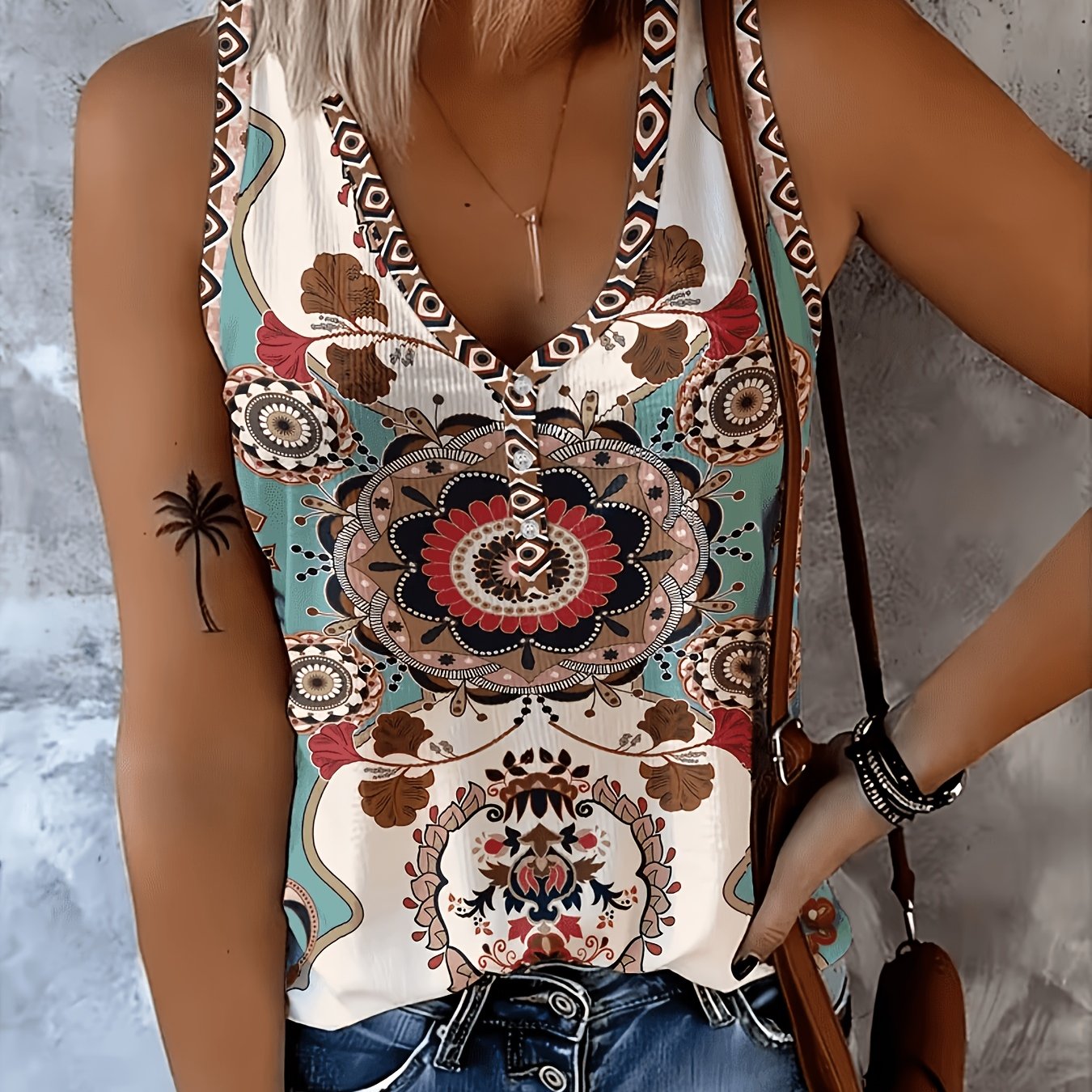 TEMU Women's Bohemian Mandala Print Sleeveless Vest, Retro Ethnic Style Contrast Totem V-neck Button-up Top, Casual All-match Style, Summer Daily