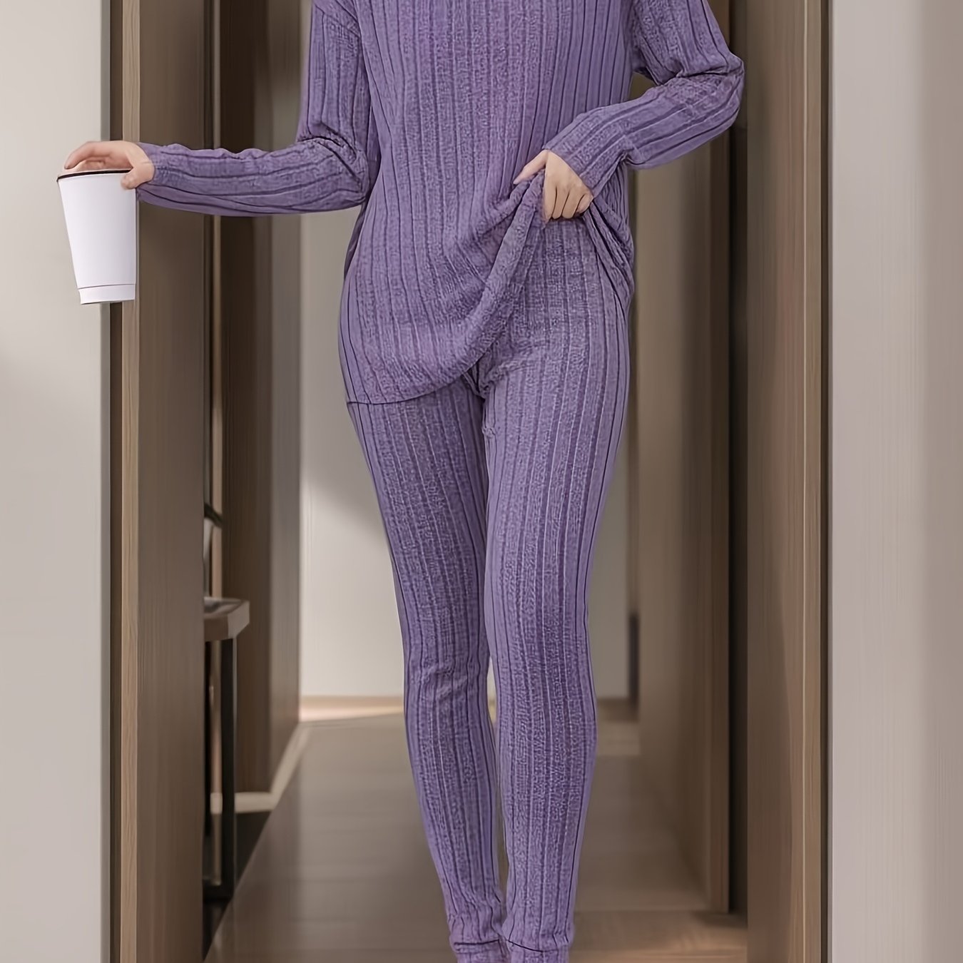 TEMU Spring And Autumn Thin French Ribbed Light Luxury Homewear 2pcs Set, Solid Color Ribbed Texture With A High-end Feel, Drawstring Long-sleeve